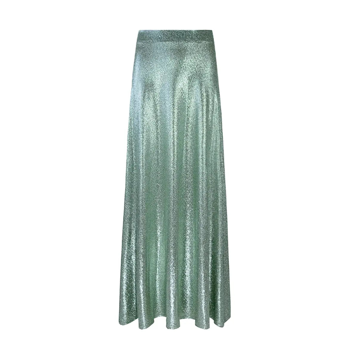 gonna ampia e lunga TOSCA di Alessandra Gallo lurex verde chiaro con vita elasticizzata - vista frontale -  Stardust Collection