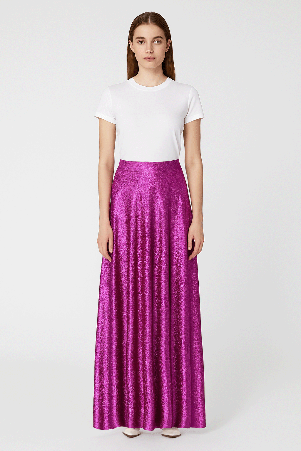 TOSCA gonna lunga Alessandra Gallo lurex fucsia Stardust Collection indossata frontale