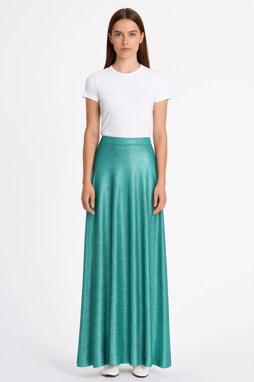 TOSCA gonna lunga Alessandra Gallo lurex verde Stardust Collection indossata frontale