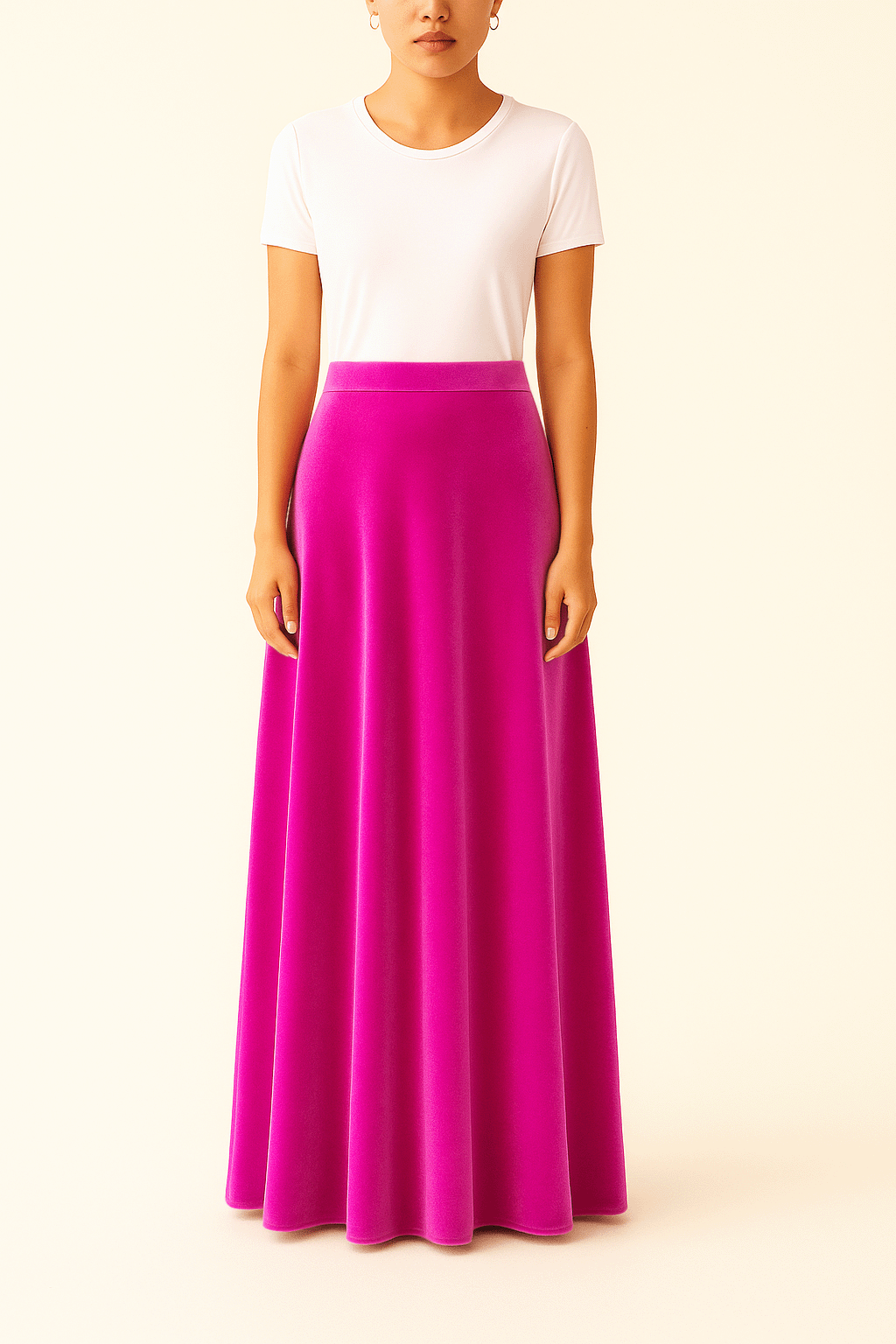 Gonna lunga TOSCA di Alessandra Gallo in ciniglia fucsia - indossata frontale - Day&Night Collection