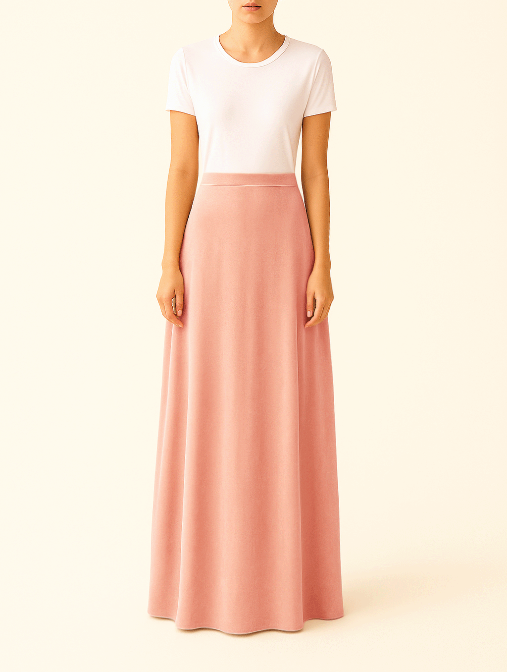 Gonna lunga TOSCA si Alessandra Gallo in ciniglia rosa - indossata frontale - Day&Night Collection