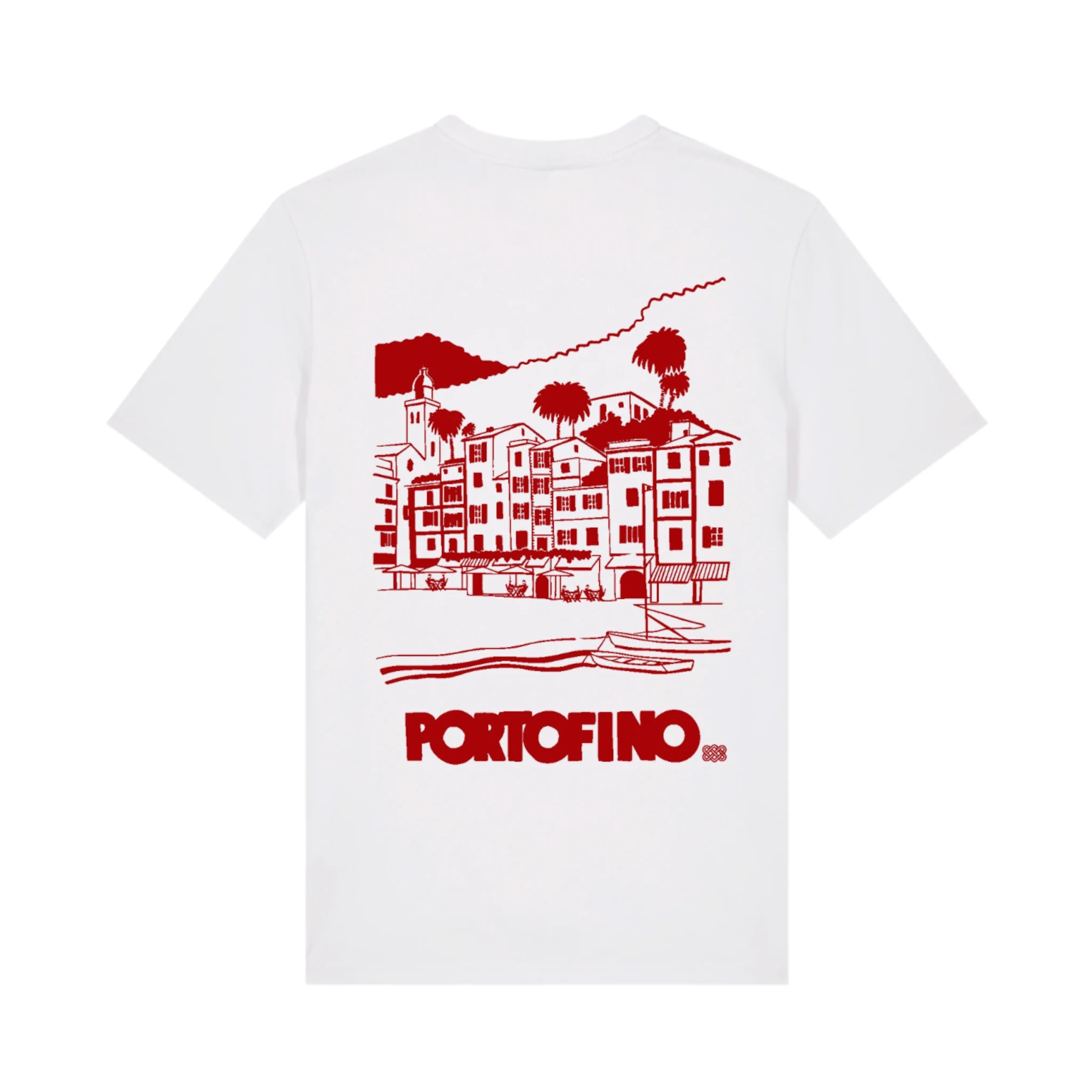 T-shirt Portofino bianca cotone biologico stampa rossa Cabina 42 Collection Alessandra Gallo