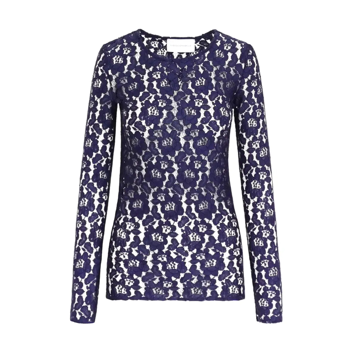 VIOLET, camicia in pizzo blu con girocollo e maniche lunghe.