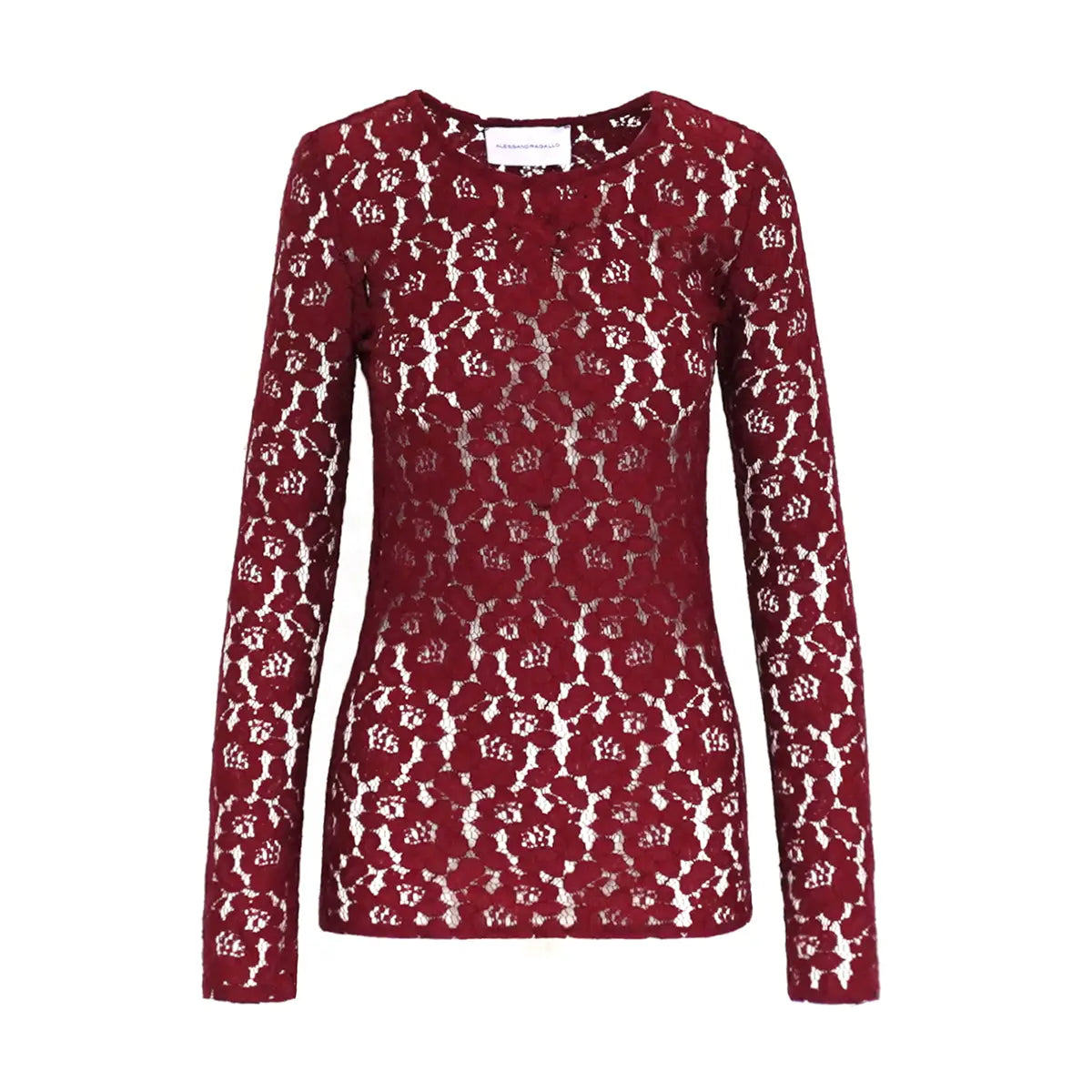 VIOLET, camicia in pizzo bordeaux con girocollo e maniche lunghe.