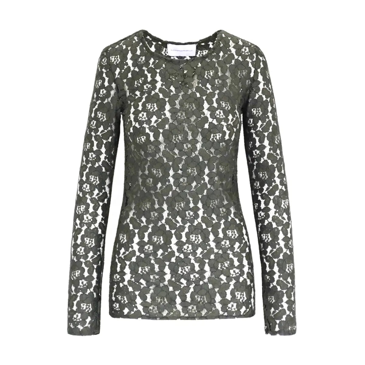 Camicia VIOLET di Alessandra Gallo in pizzo verde con girocollo e maniche lunghe - vista frontale - The Dreamy Collection