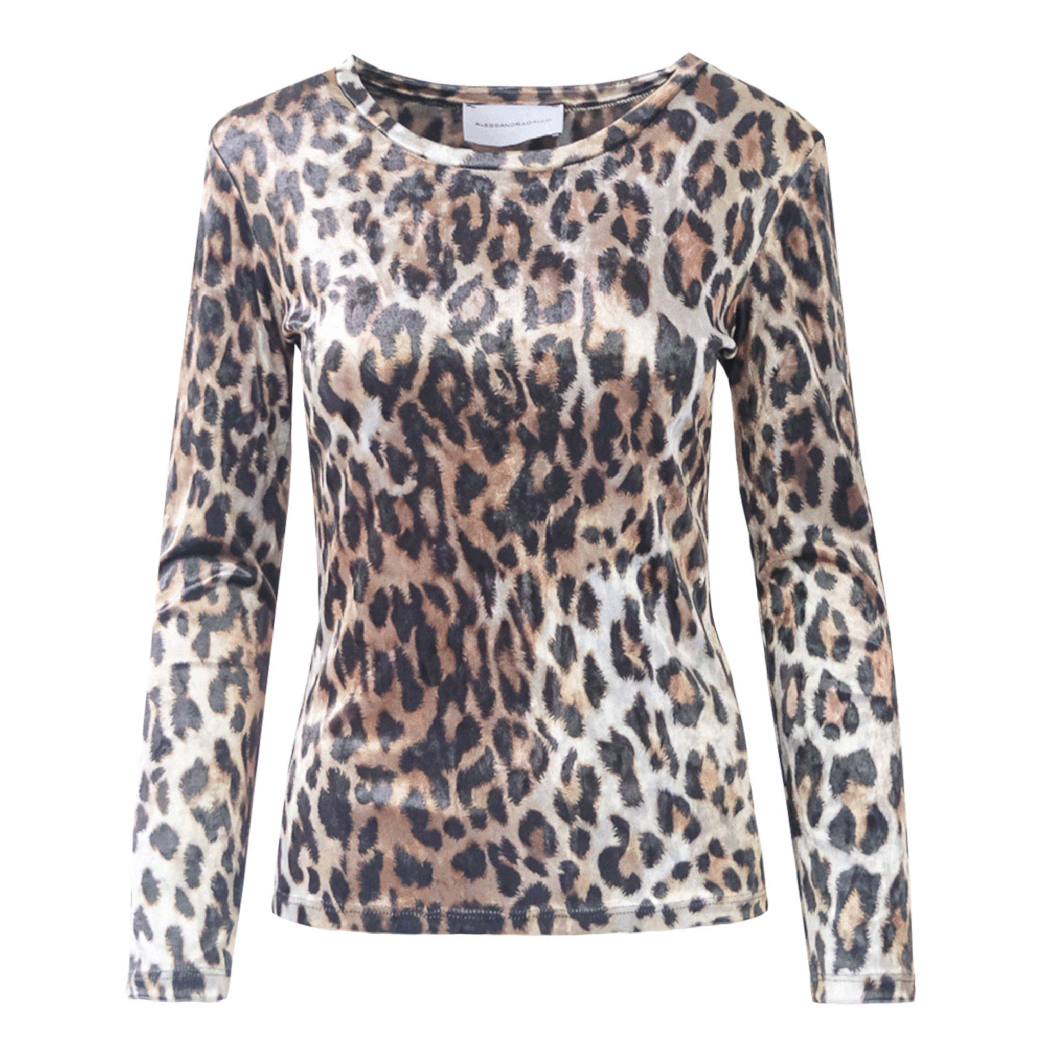 Maglietta VIOLET di Alessandra Gallo in ciniglia martellata animalier con maniche lunghe e girocollo - vista frontale -Day&Night Collection