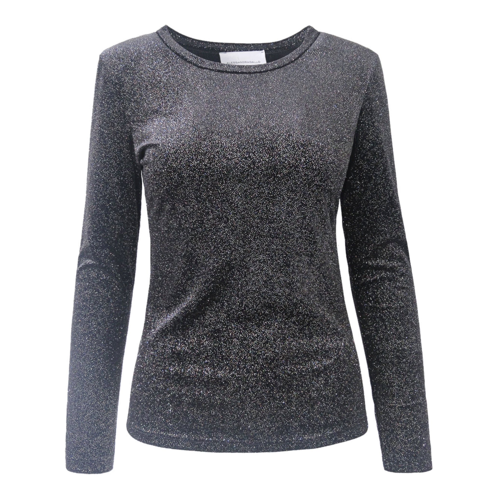 Maglietta VIOLET di Alessandra Gallo in ciniglia sparkling nera con maniche lunghe e girocollo - vista frontale - Day&Night Collection