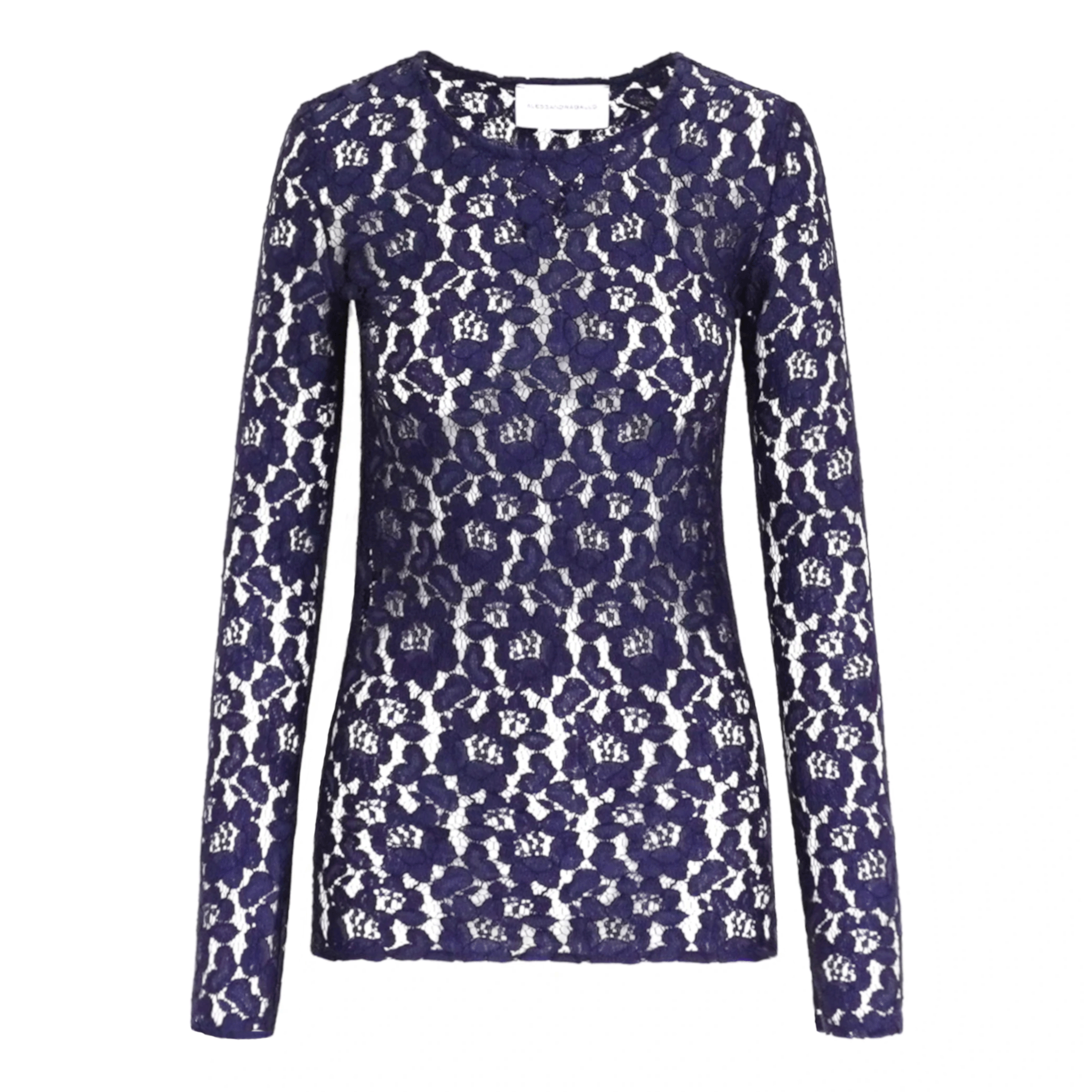 camicia VIOLET di Alessandra Gallo in pizzo blu con girocollo e maniche lunghe - vista frontale - The Dreamy Collection