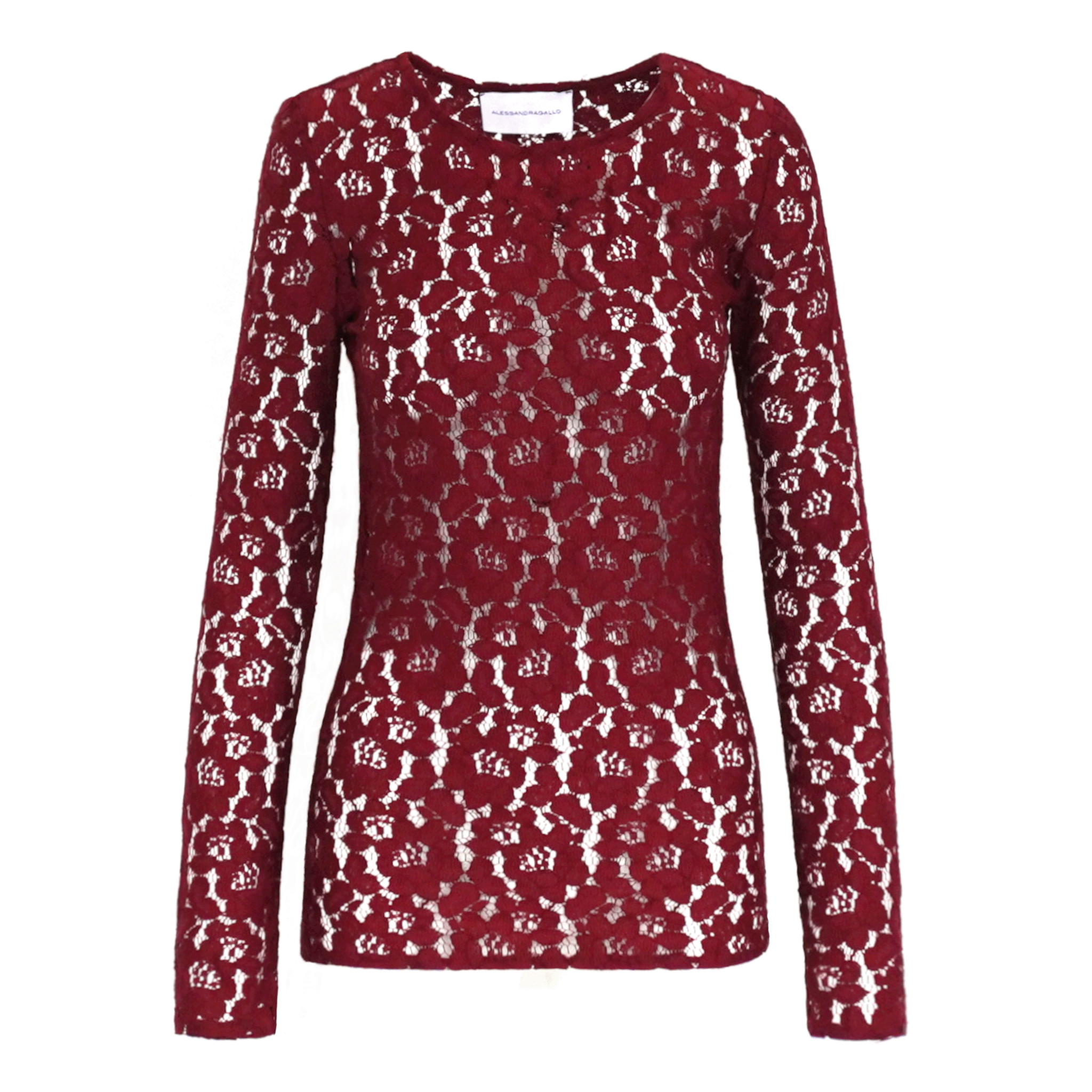 Camicia VIOLET di Alessandra Gallo in pizzo bordeaux con girocollo e maniche lunghe - vista frontale - The Dreamy Collection