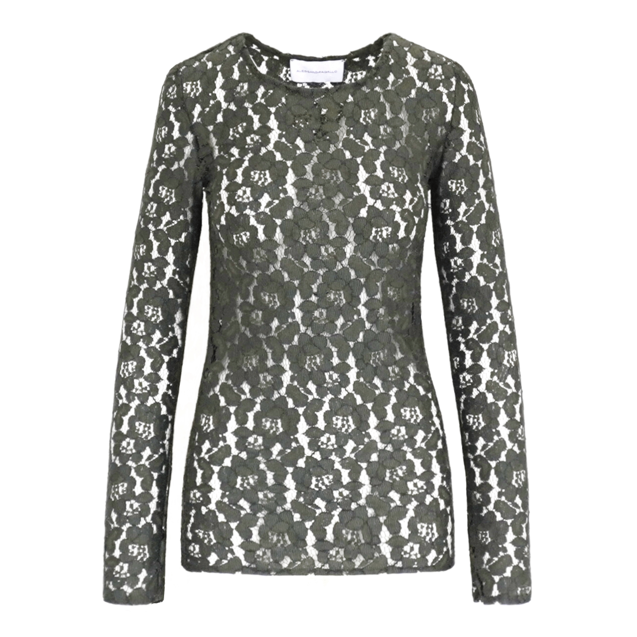 Camicia VIOLET di Alessandra Gallo in pizzo verde con girocollo e maniche lunghe - vista frontale - The Dreamy Collection