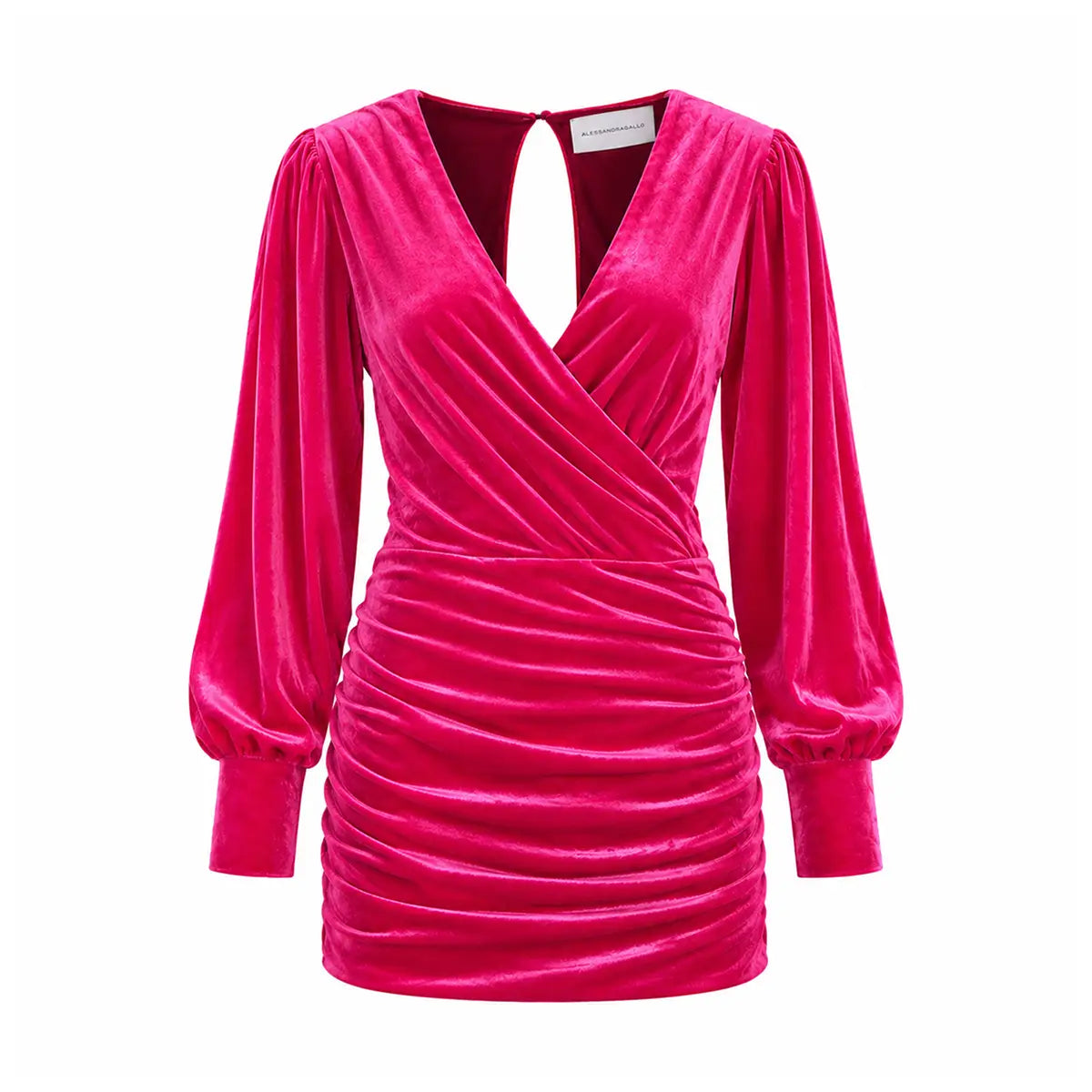 ZOE, abito corto in ciniglia fucsia con scollo incrociato e gonna drappeggiata.