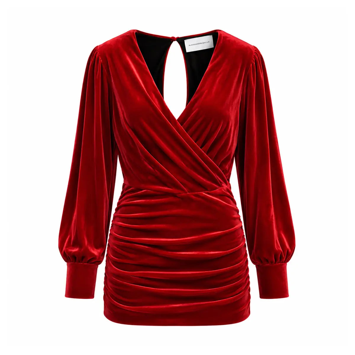 ZOE, abito corto in ciniglia rossa con scollo incrociato e gonna drappeggiata.