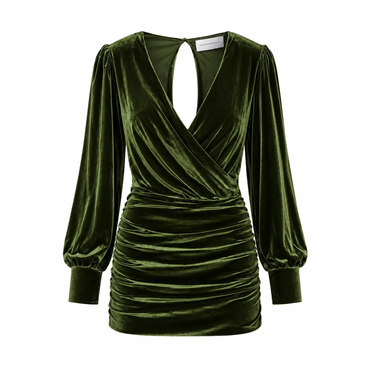 ZOE, abito corto in ciniglia verde con scollo incrociato e gonna drappeggiata.