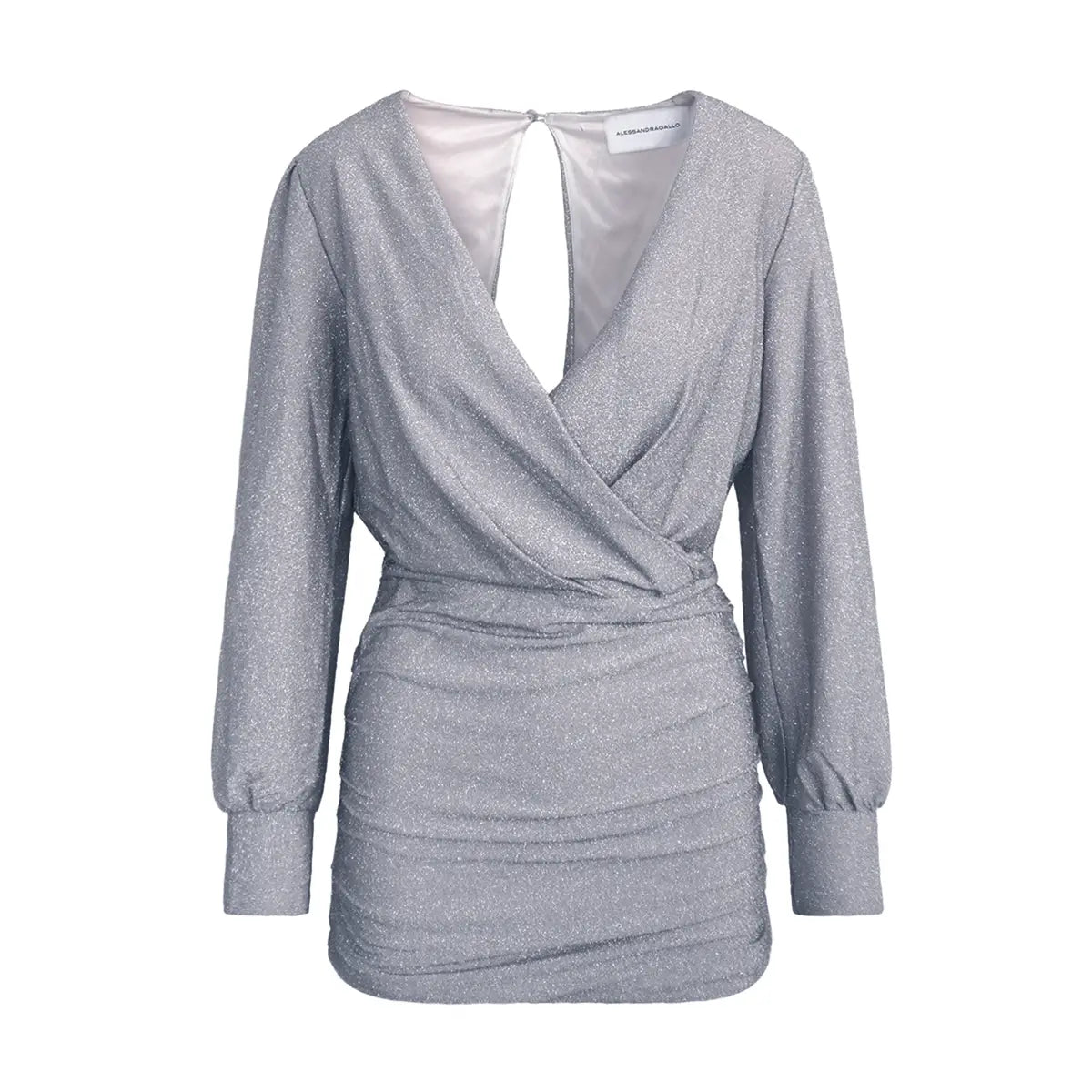 ZOE, abito corto in lurex argento con scollo incrociato e gonna drappeggiata.