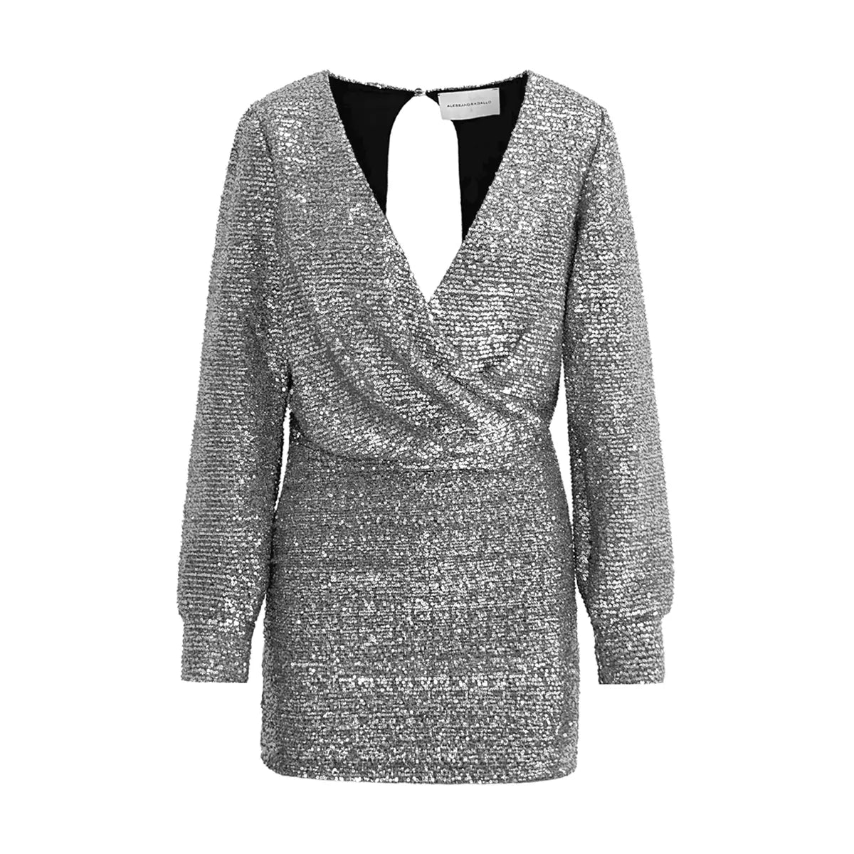 ZOE, abito corto in paillettes argento con scollo incrociato e gonna drappeggiata.