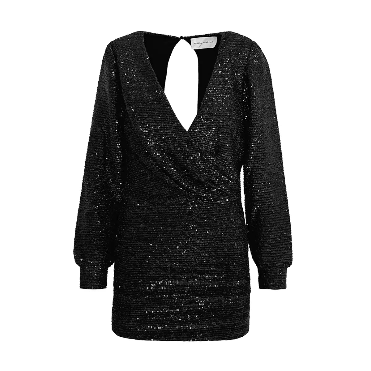 ZOE, abito corto in paillettes nere con scollo incrociato e gonna drappeggiata.