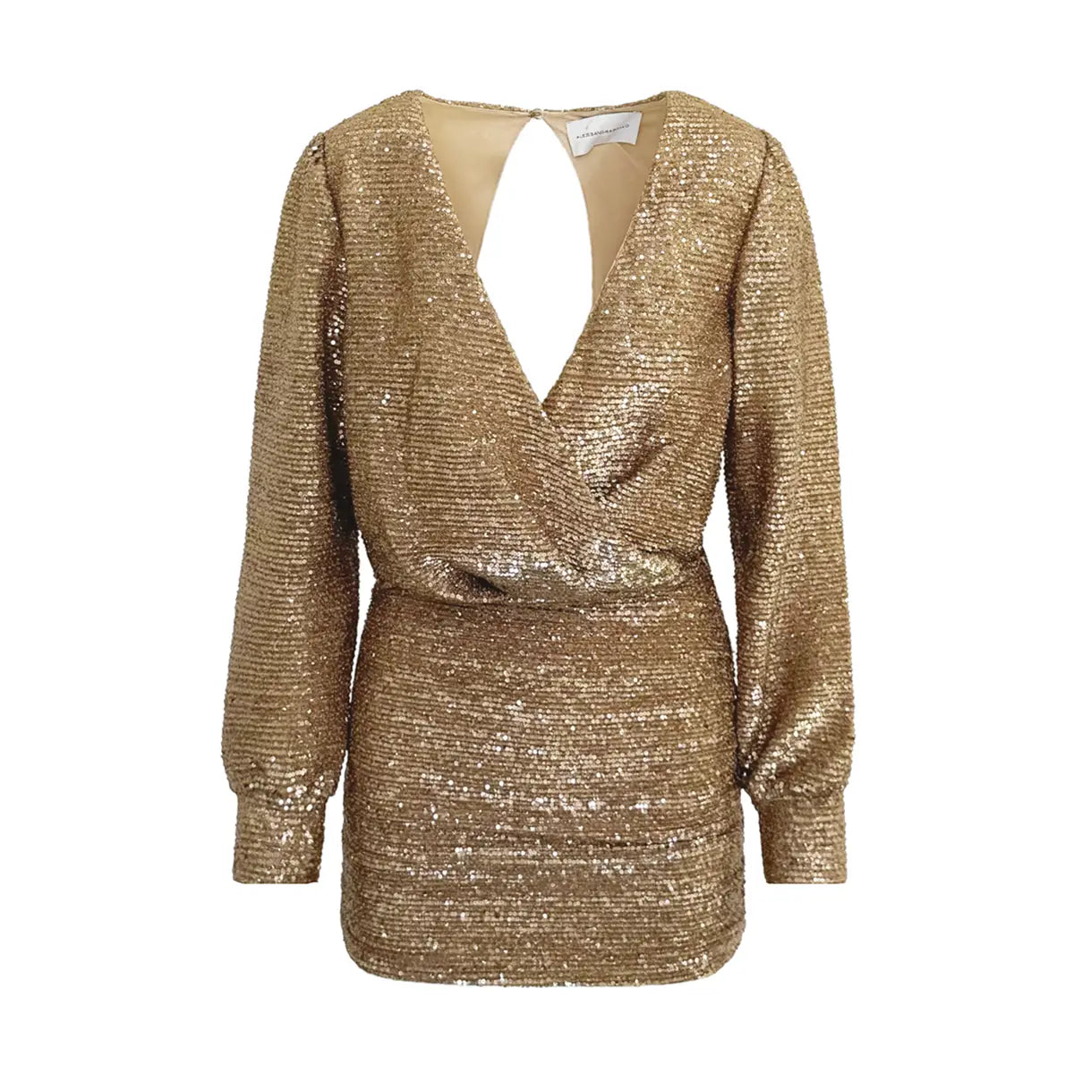 ZOE, abito corto in paillettes oro con scollo incrociato e gonna drappeggiata.