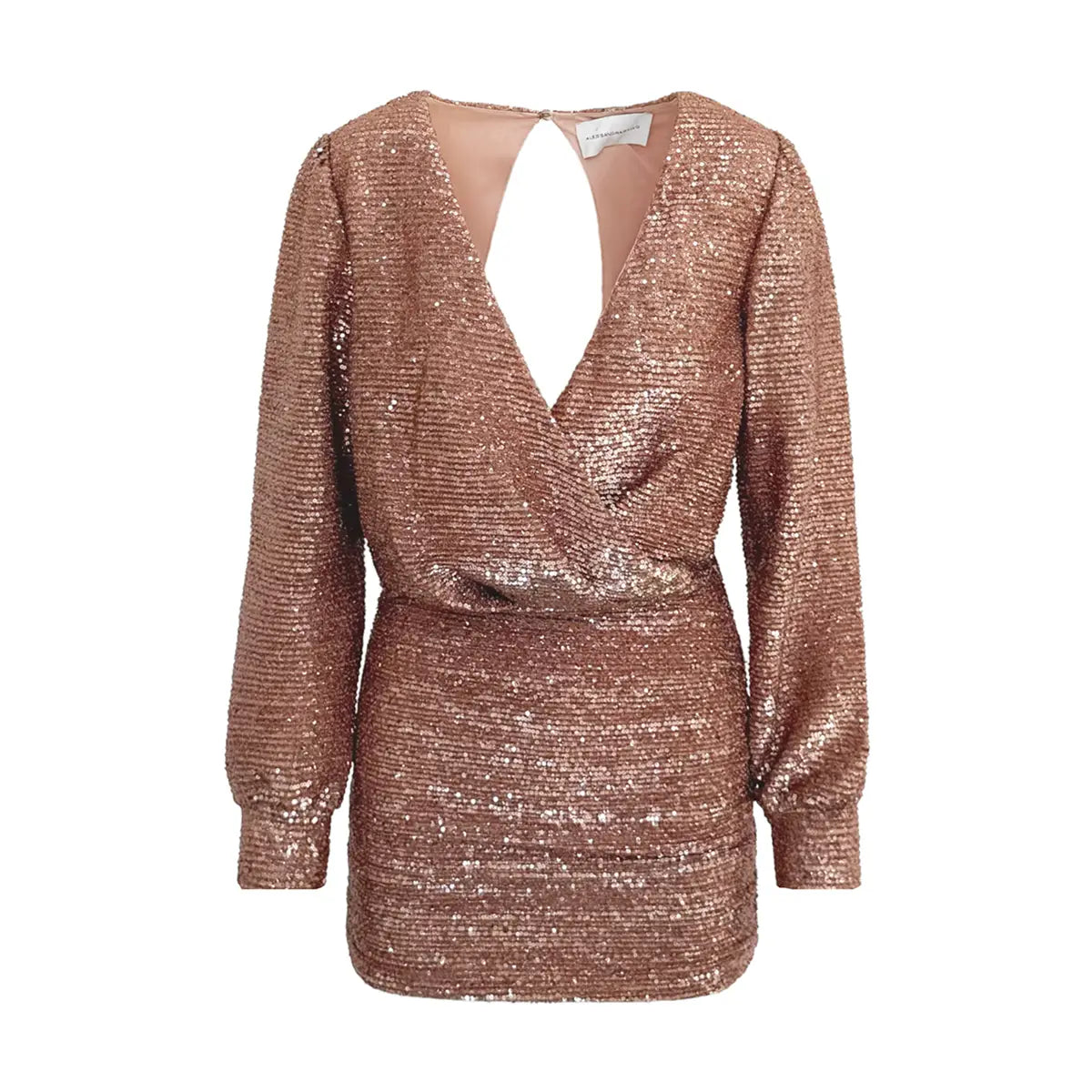 ZOE, abito corto in paillettes rosa con scollo incrociato e gonna drappeggiata.