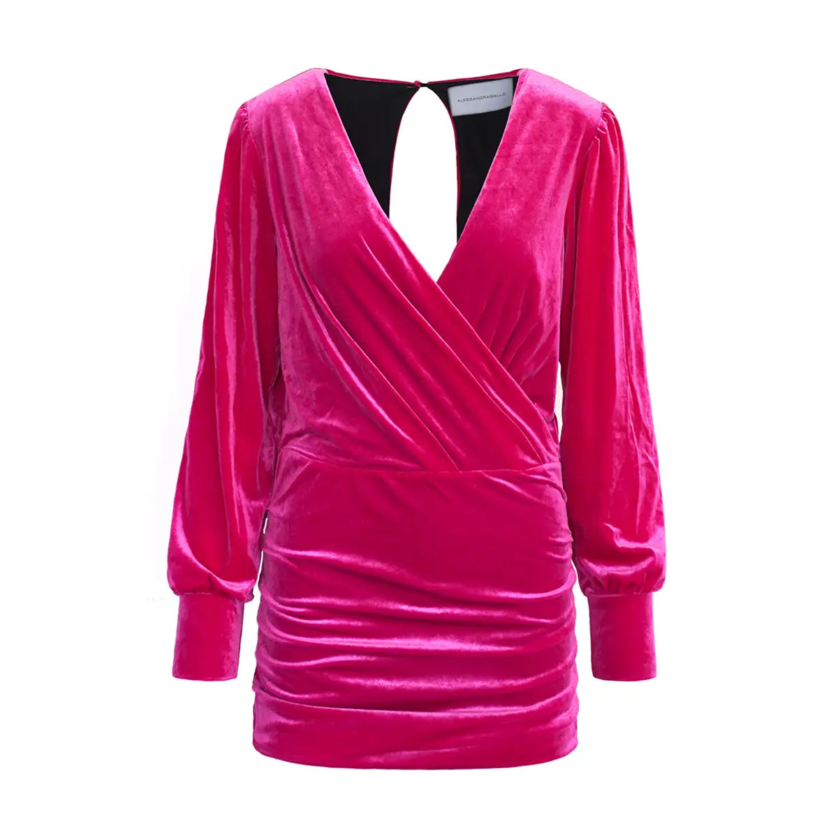 Abito corto ZOE di Alessandra Gallo con maniche lunghe e scollo a V in ciniglia fucsia - vista frontale -  Day&Night Collection