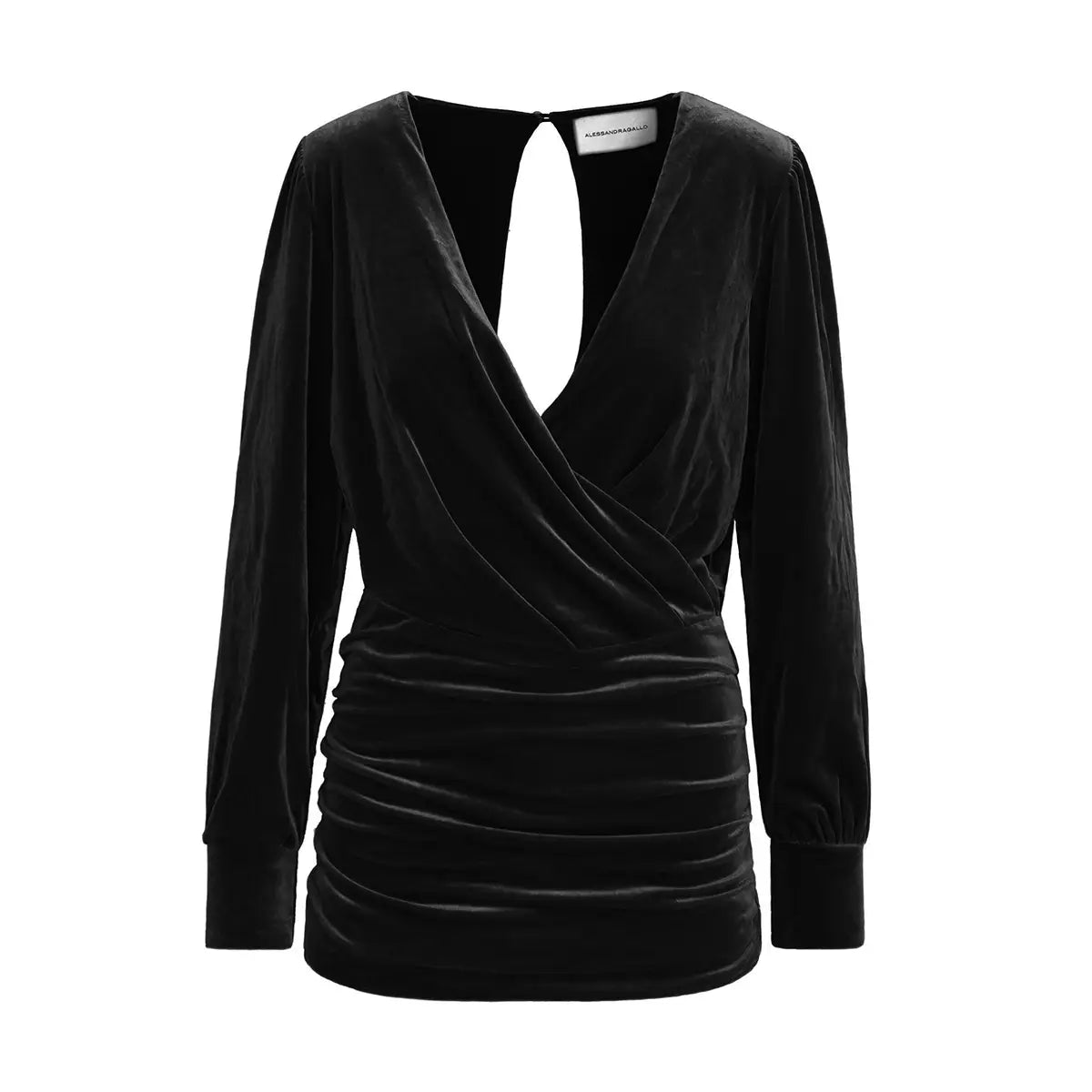 Abito corto ZOE di Alessandra Gallo in ciniglia nero con maniche lunghe e scollo a V- vista frontale - Day&Night Collection