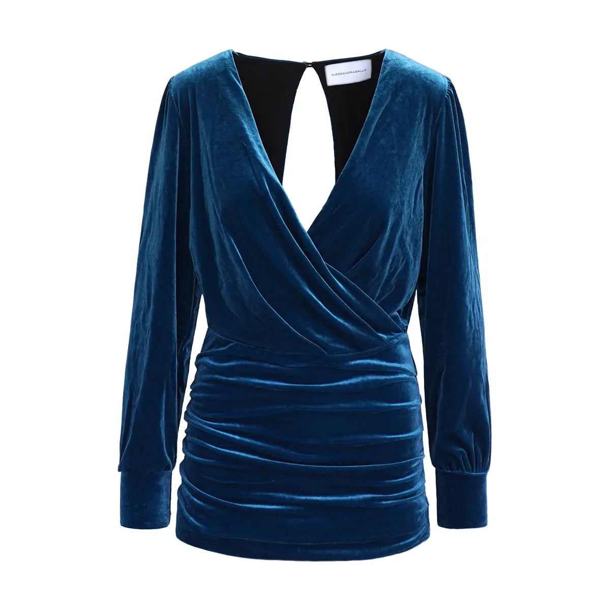 Abito corto ZOE di Alessandra Gallo in ciniglia ottanio con maniche lunghe e scollo a V- vista frontale - Day&Night Collection