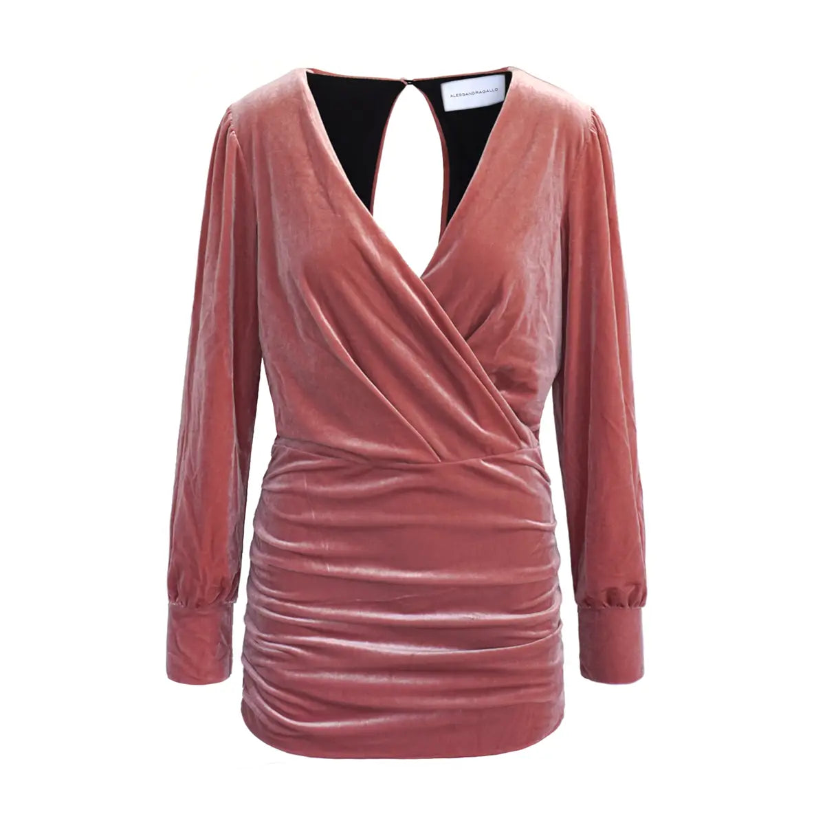 Abito corto ZOE di Alessandra Gallo con maniche lunghe e scollo a V in ciniglia rosa - vista frontale -  Day&Night Collection