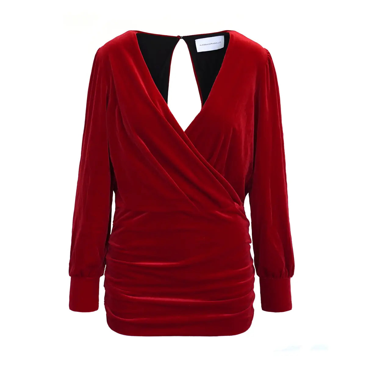 Abito corto ZOE di Alessandra Gallo in ciniglia rossa con maniche lunghe e scollo a V- vista frontale - Day&Night Collection