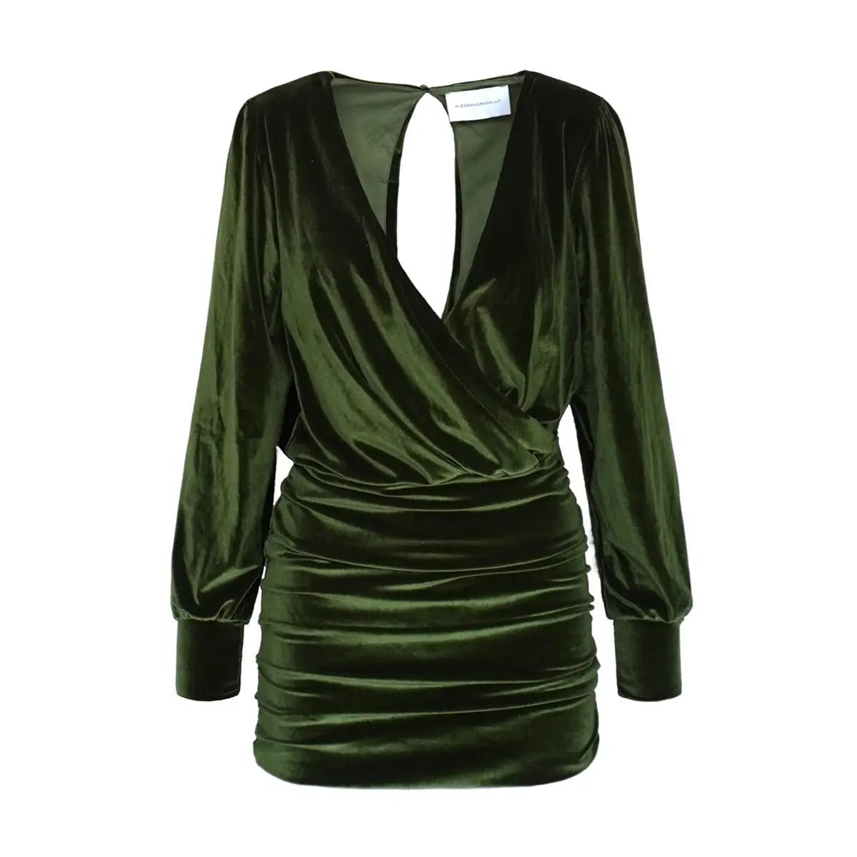 Abito corto ZOE di Alessandra Gallo in ciniglia verde con maniche lunghe e scollo a V- vista frontale - Day&Night Collection