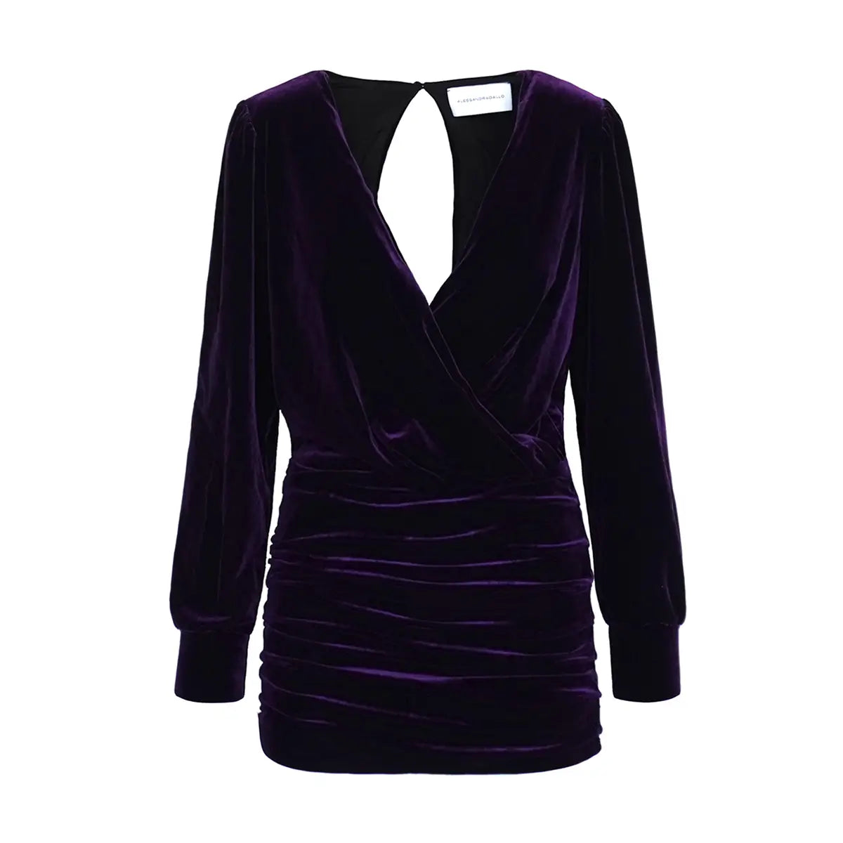 Abito corto ZOE di Alessandra Gallo con maniche lunghe e scollo a V in ciniglia viola - vista frontale -  Day&Night Collection