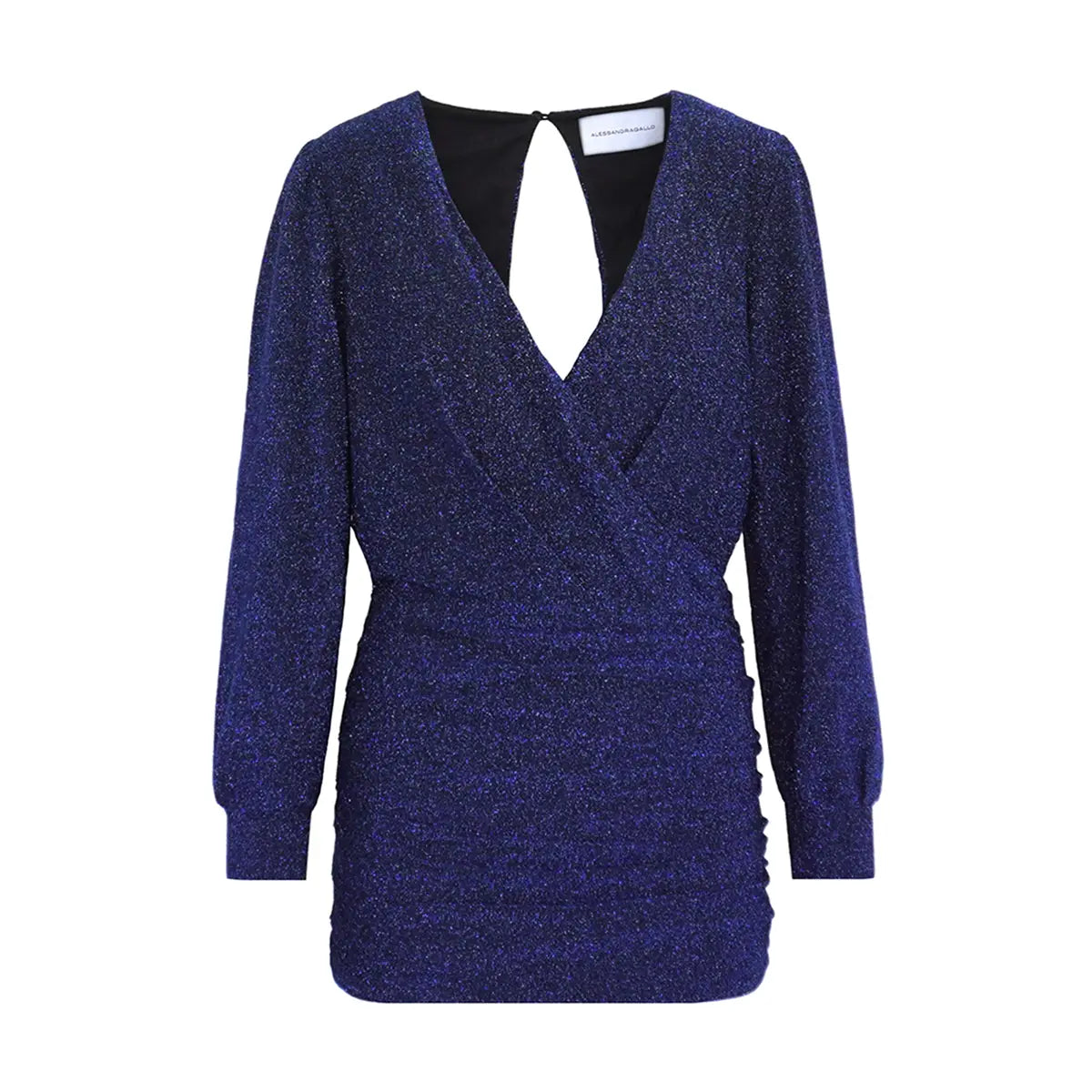 ZOE abito corto di Alessandra Gallo in lurex blu con maniche lunghe e scollo a V - vista frontale - Stardust Collection