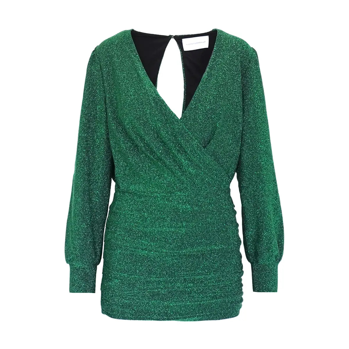 ZOE abito corto di Alessandra Gallo in lurex verde con maniche lunghe e scollo a V - vista frontale - Stardust Collection