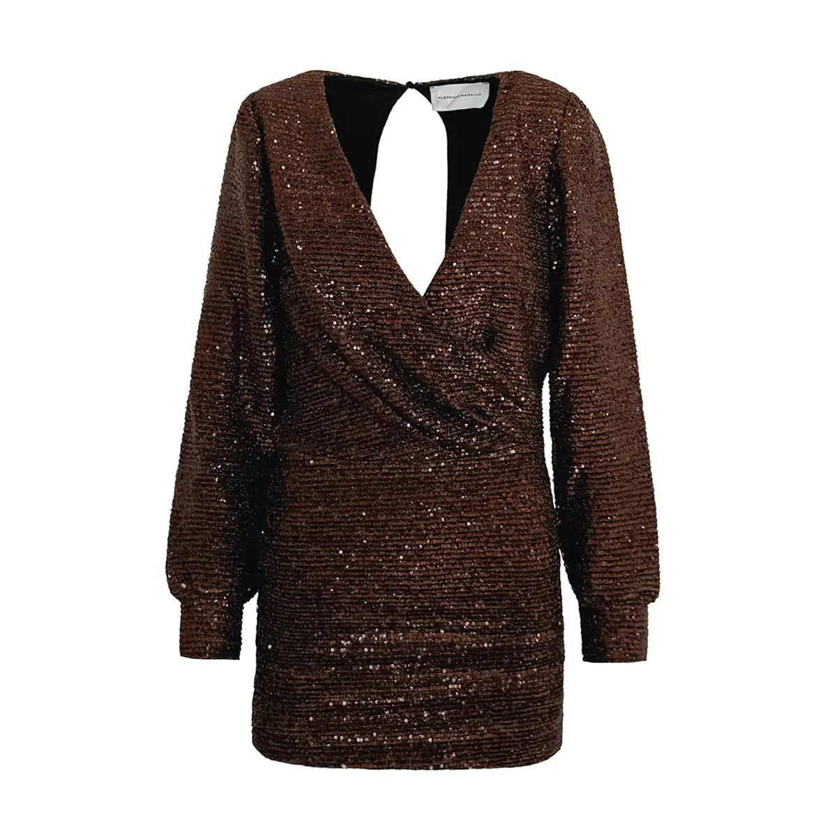 Abito corto ZOE di Alessandra Gallo in paillettes marrone con scollo a V, spacco sulla schiena e maniche lunghe - vista frontale - The Light Collection