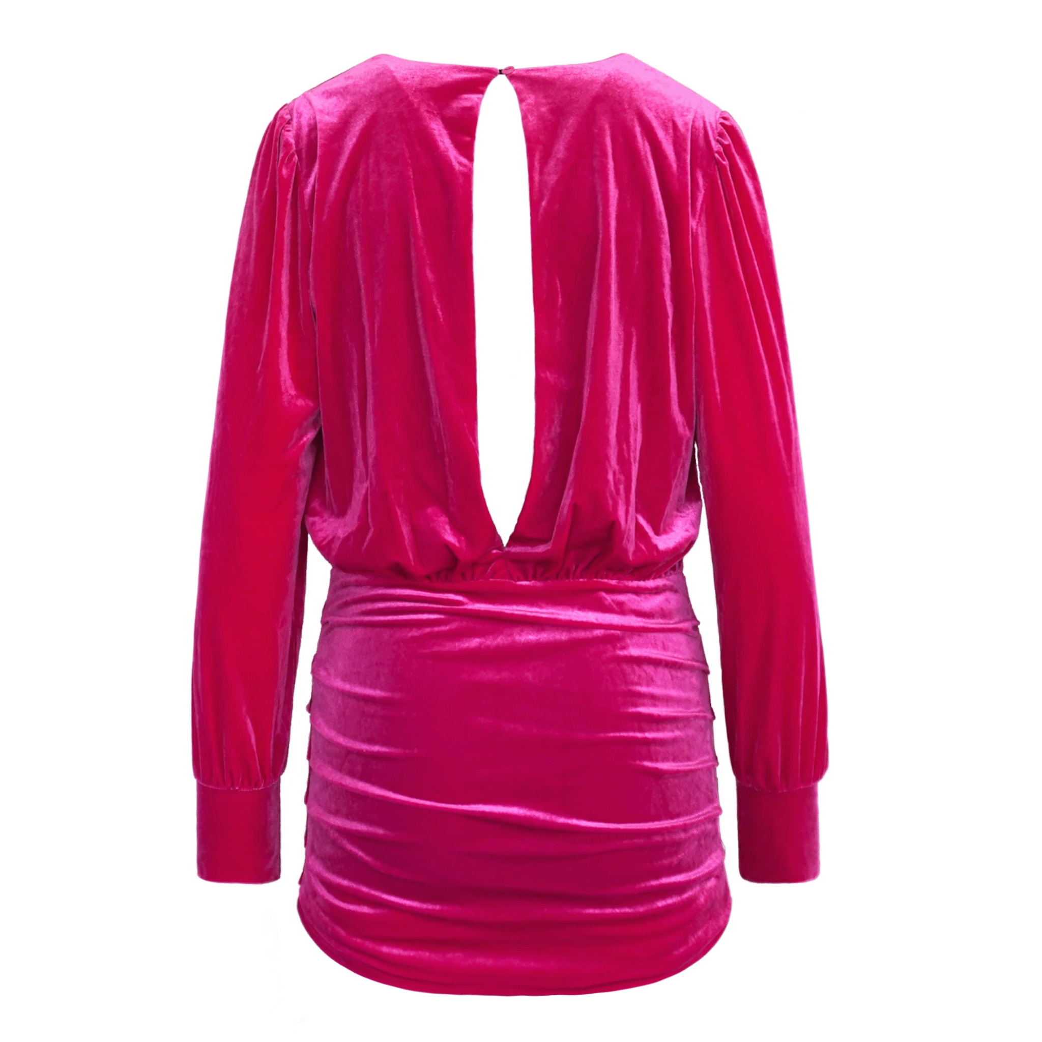 Abito corto ZOE di Alessandra Gallo in  ciniglia fuchsia  con maniche lunghe e spacco sulla schiena - vista posteriore - Day&Night Collection
