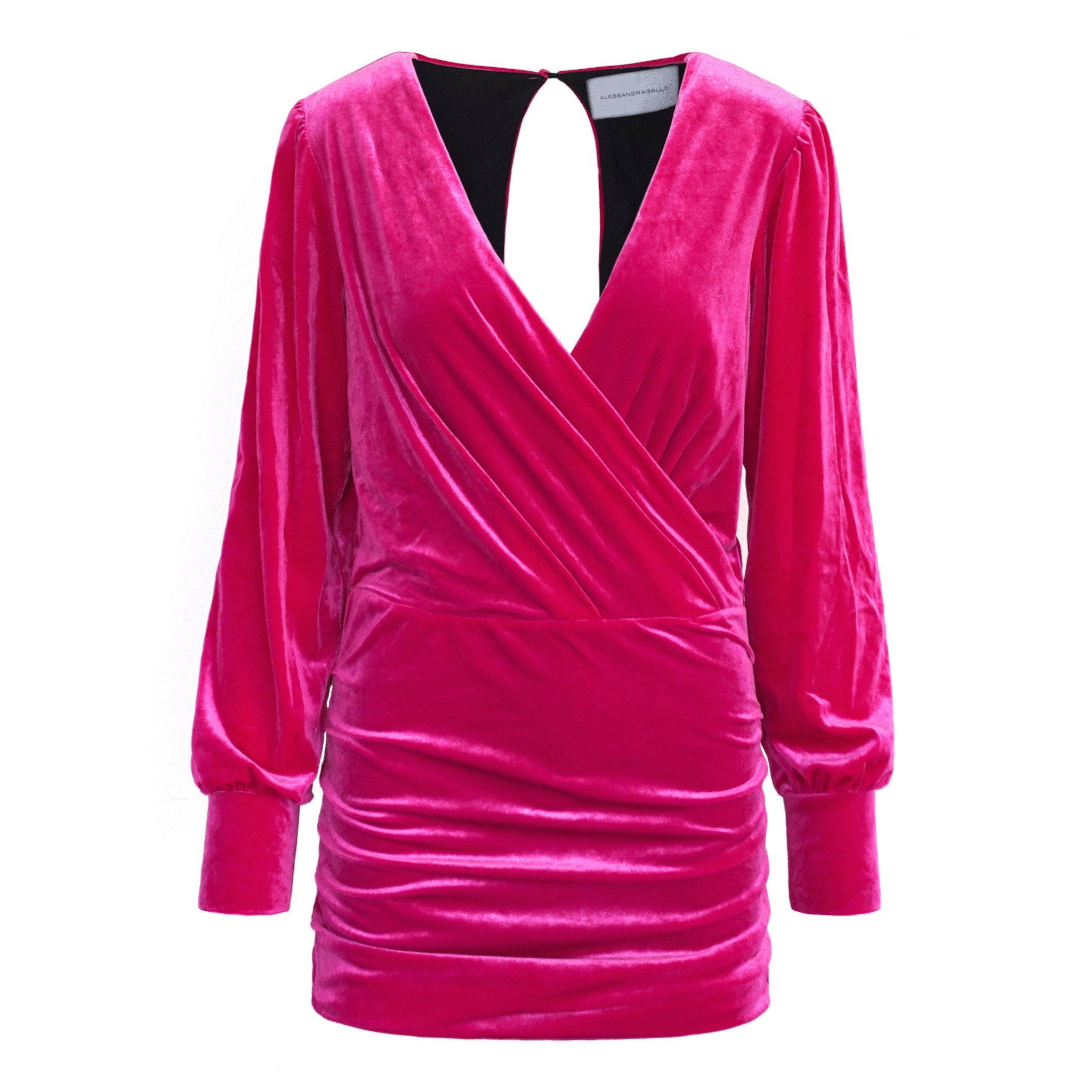 Abito corto ZOE di Alessandra Gallo con maniche lunghe e scollo a V in ciniglia fucsia - vista frontale -  Day&Night Collection