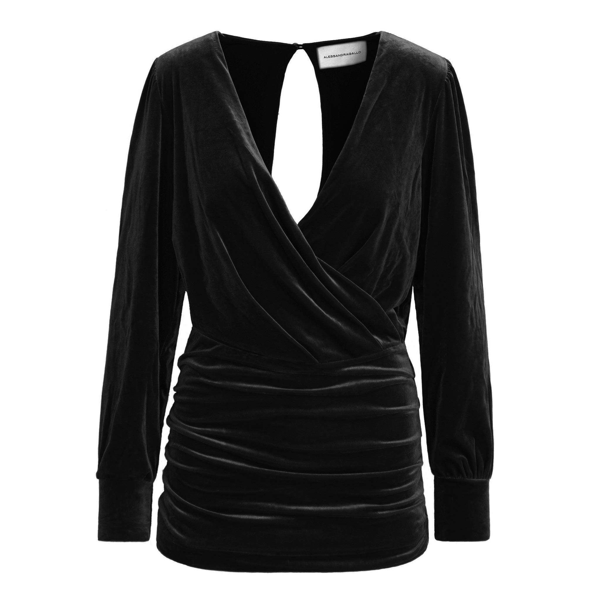 Abito corto ZOE di Alessandra Gallo in ciniglia nera con maniche lunghe e scollo a V - vista frontale -  Day&Night Collection