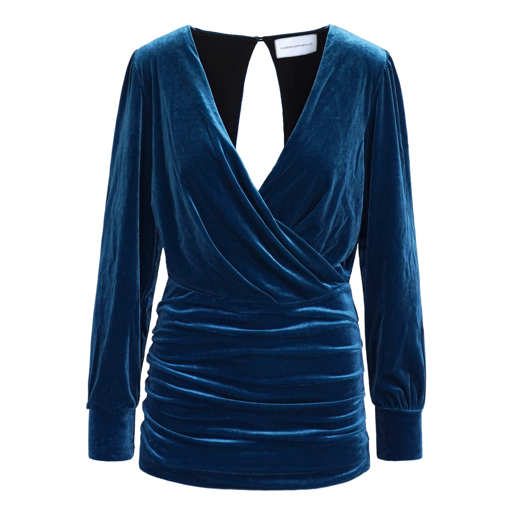 Abito corto ZOE di Alessandra Gallo in ciniglia ottanio con maniche lunghe e scollo a V - vista frontale - Day&Night Collection