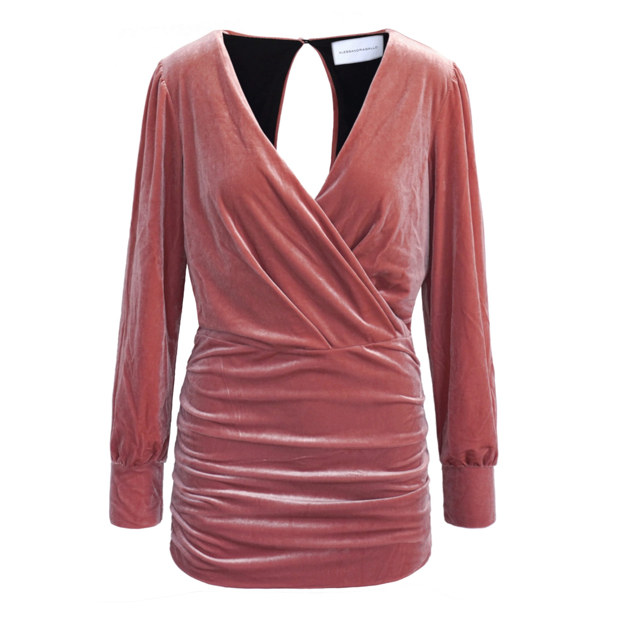 Abito corto ZOE di Alessandra Gallo in ciniglia rosa con maniche lunghe e scollo a V - vista frontale - Day&Night Collection