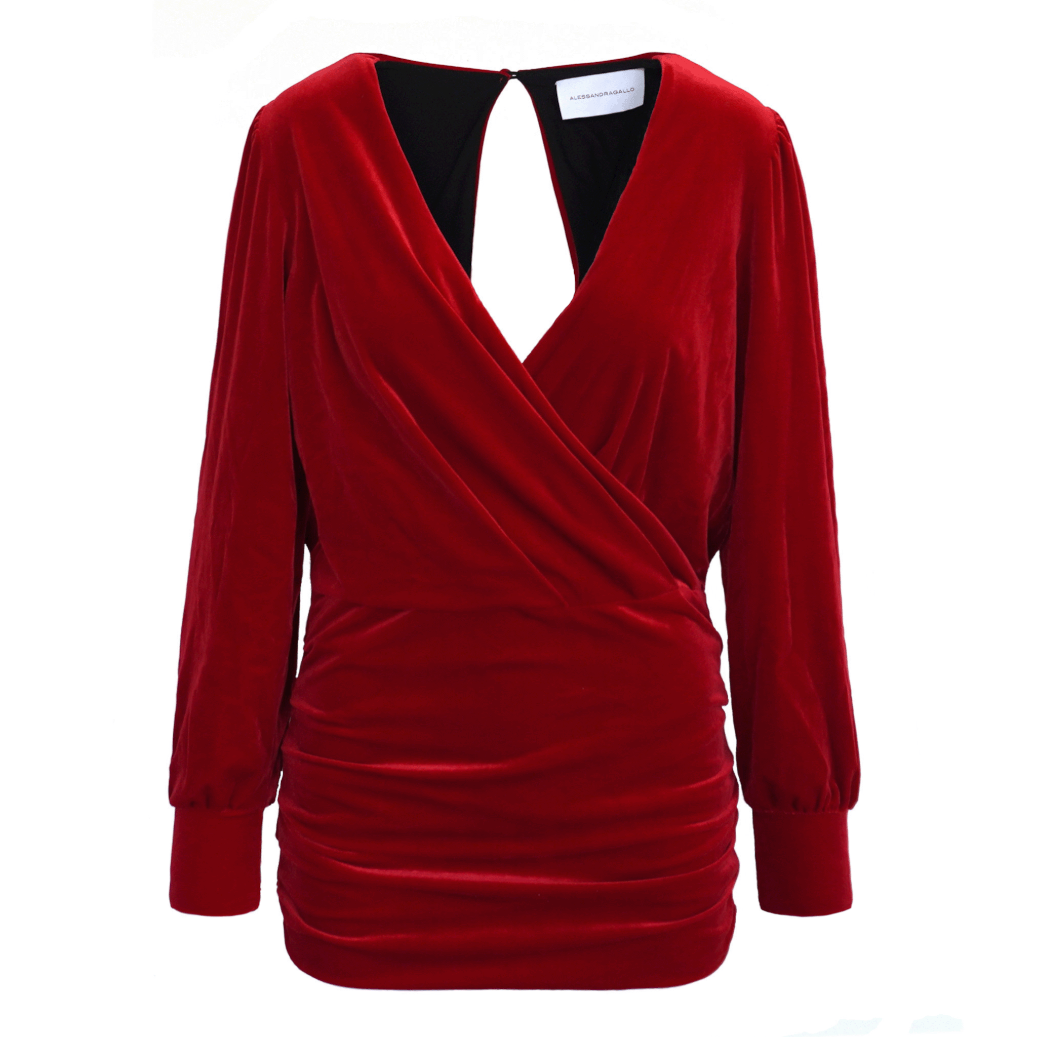 Abito corto ZOE di Alessandra Gallo in ciniglia rossa con maniche lunghe e scollo a V- vista frontale - Day&Night Collection