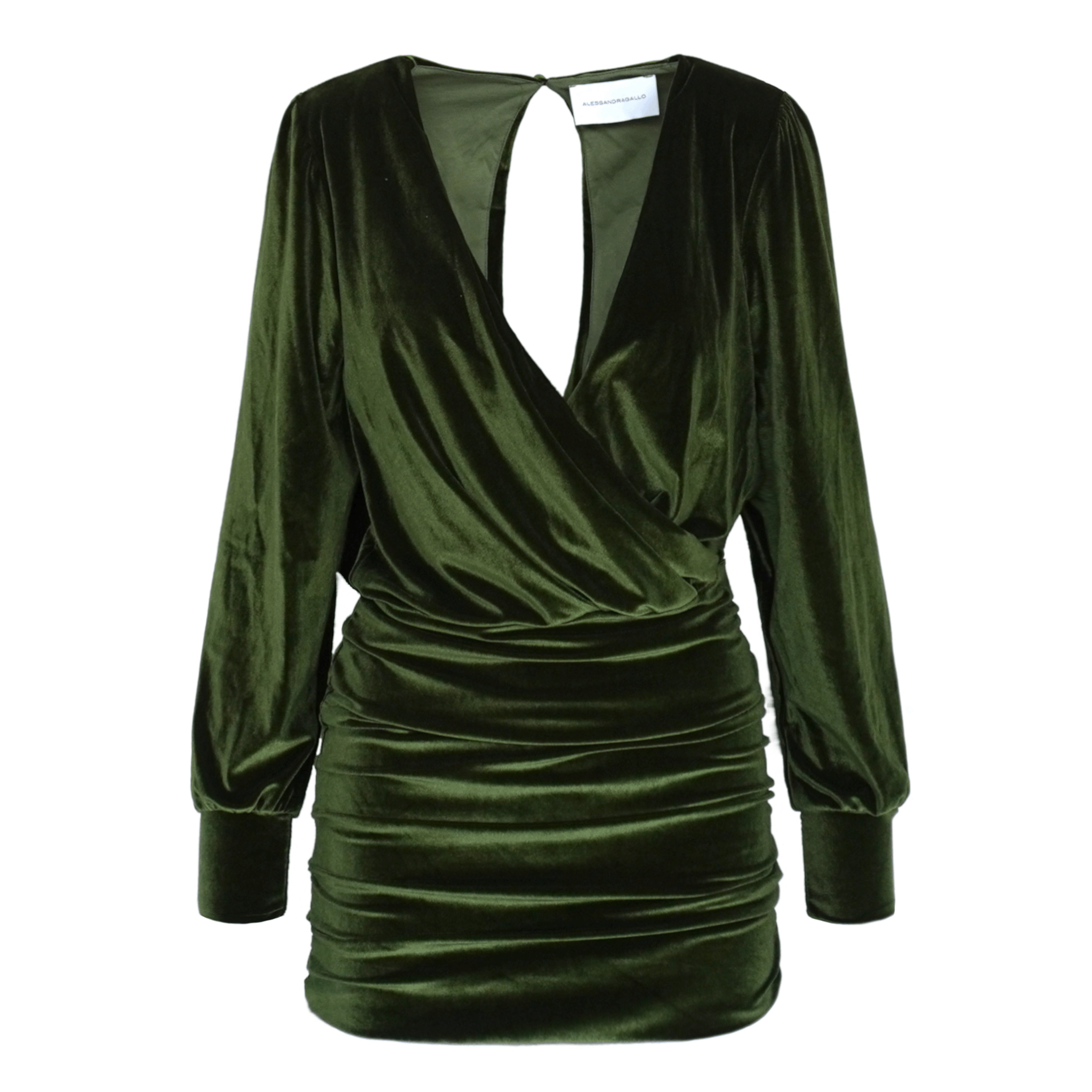 Abito corto ZOE di Alessandra Gallo in ciniglia verde con maniche lunghe e scollo a V - vista frontale - Day&Night Collection