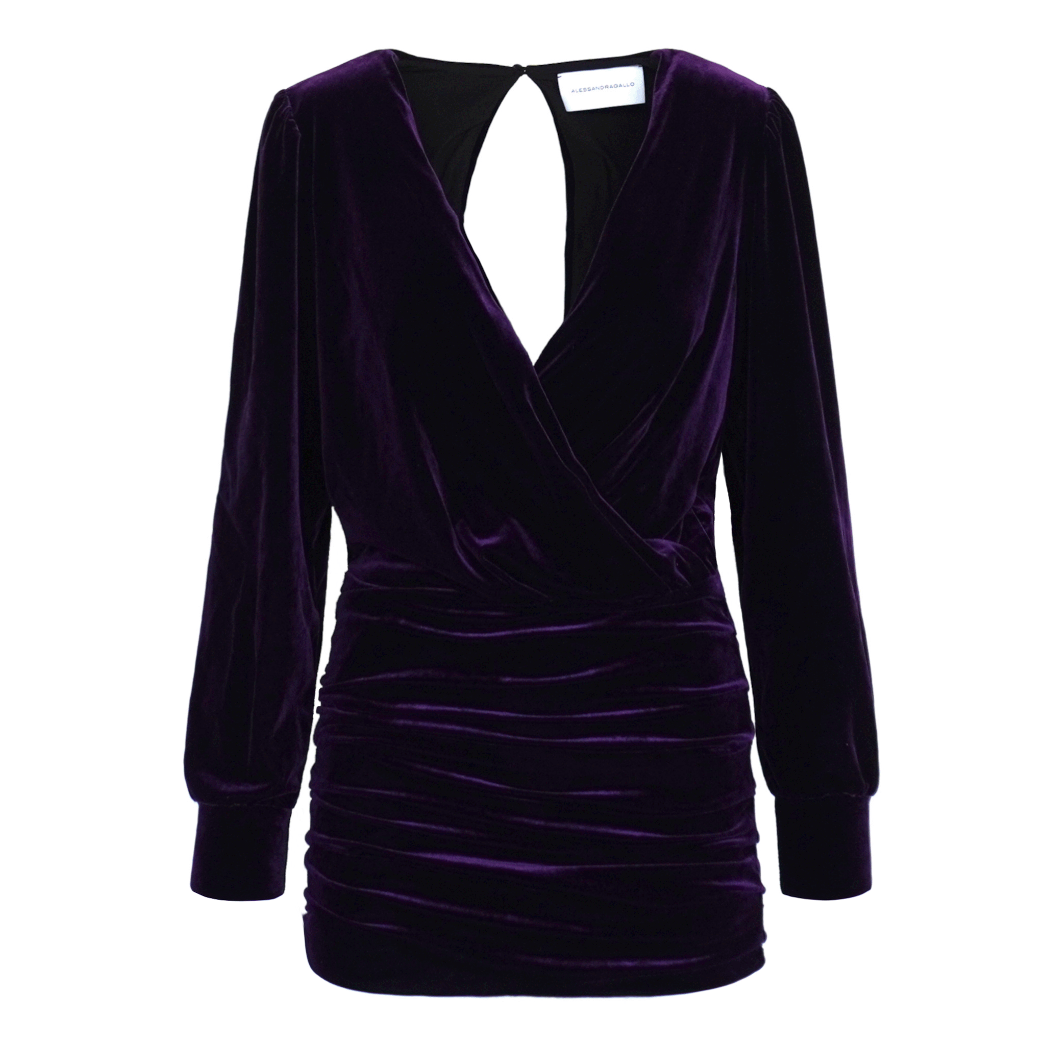 Abito corto ZOE di Alessandra Gallo in ciniglia viola con maniche lunghe e scollo a V - vista frontale - Day&Night Collection
