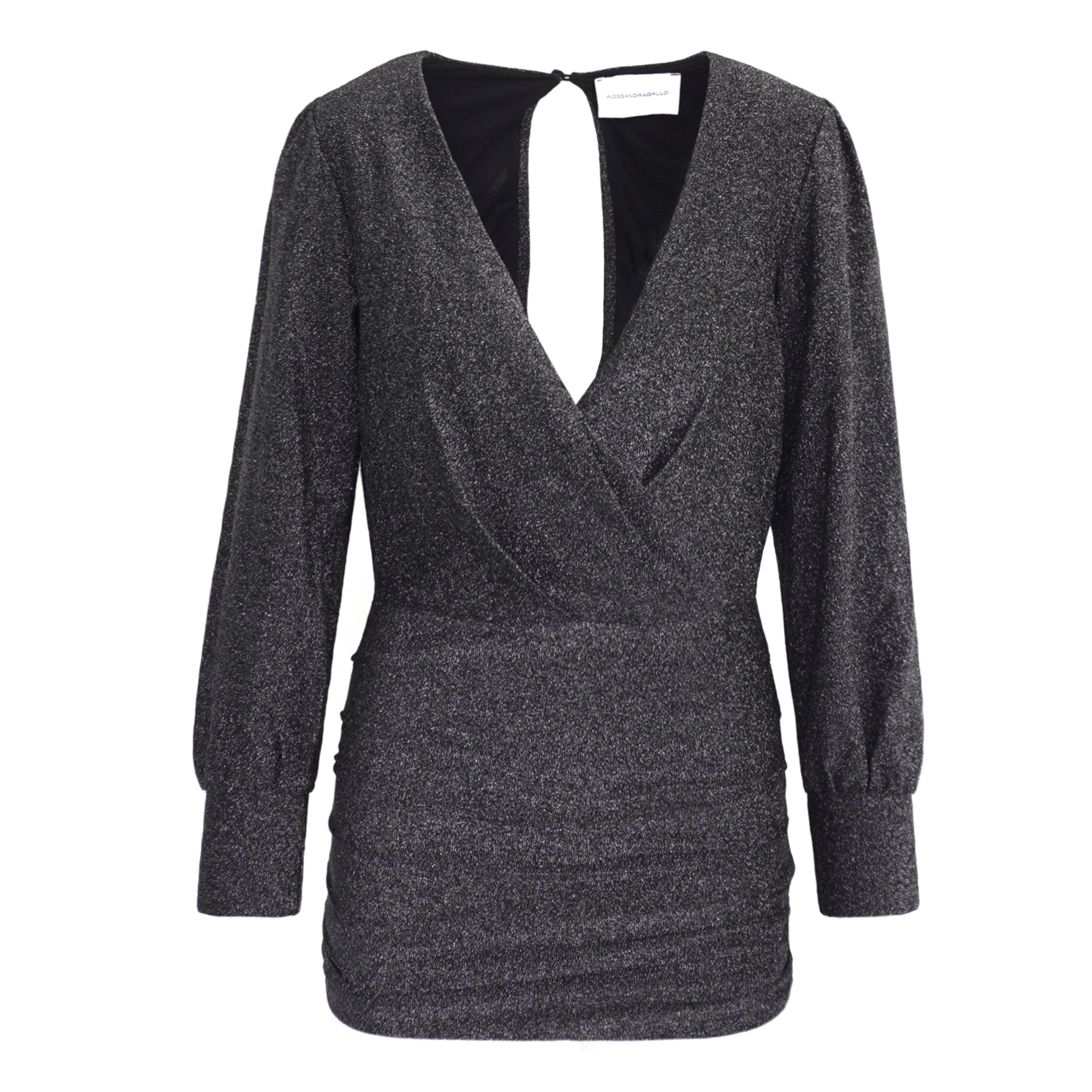 ZOE abito corto di Alessandra Gallo in lurex antracite con maniche lunghe e scollo a V - vista frontale - Stardust Collection