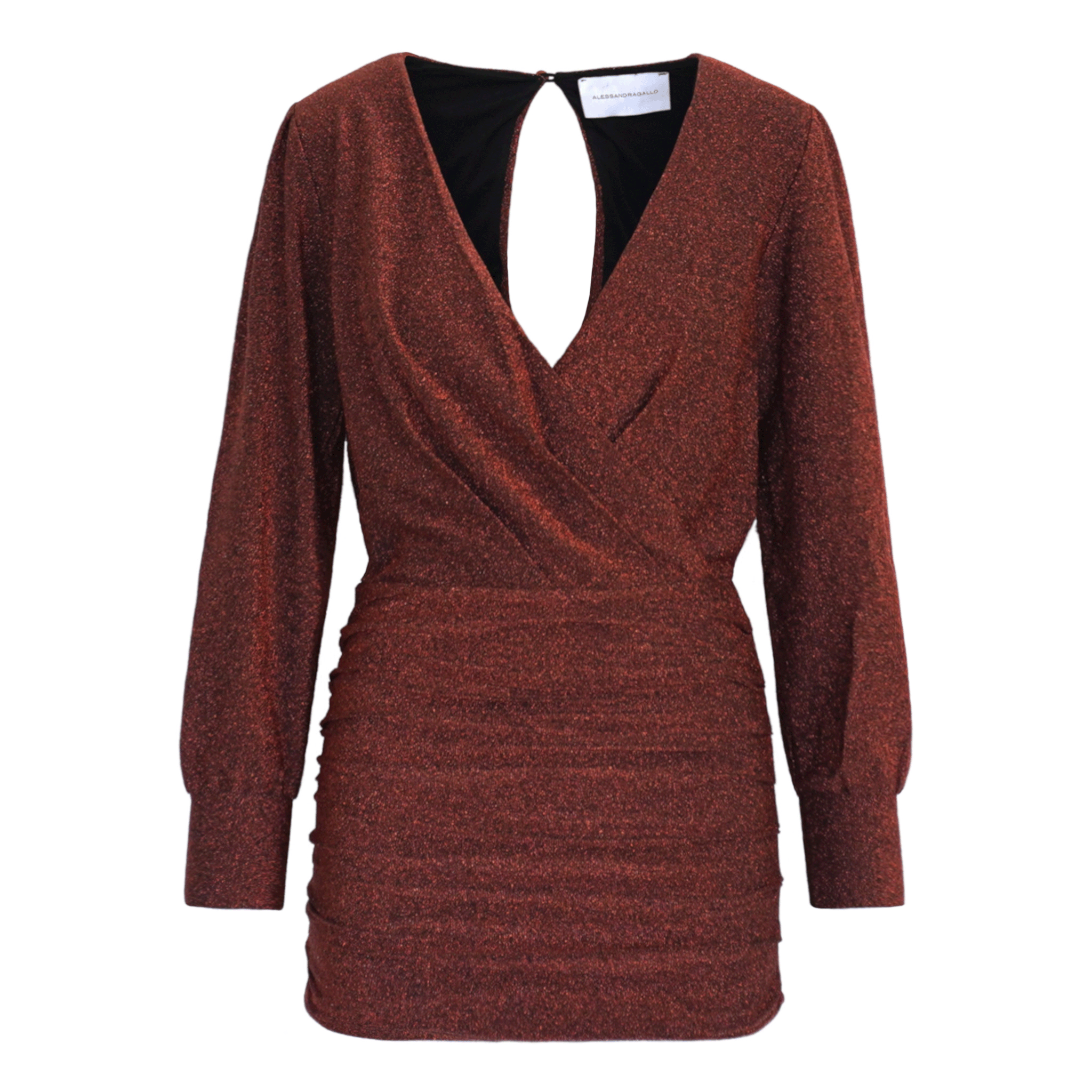 ZOE abito corto di Alessandra Gallo in lurex bronzo con maniche lunghe e scollo a V - vista frontale - Stardust Collection