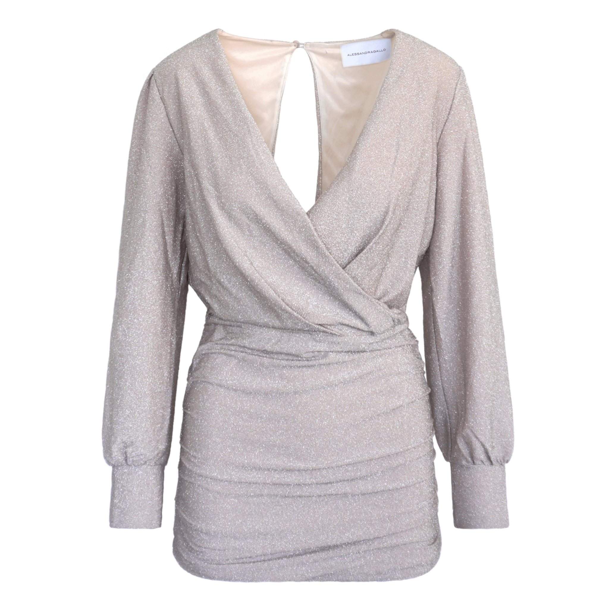 ZOE abito corto di Alessandra Gallo in lurex crema con maniche lunghe e scollo a V - vista frontale - Stardust Collection