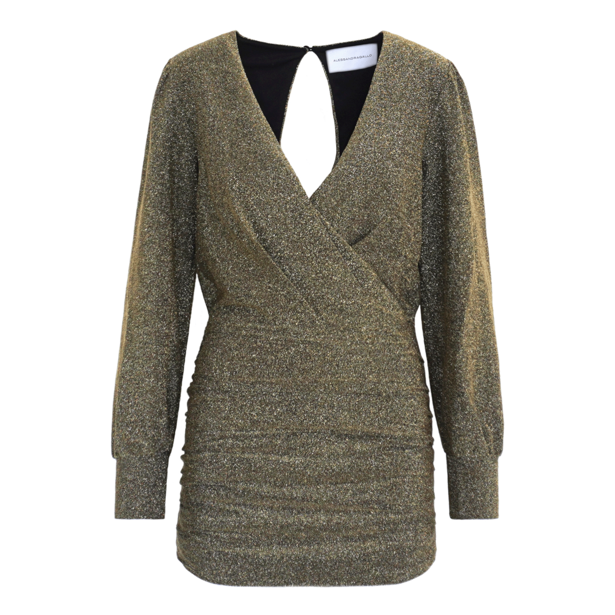 ZOE abito corto di Alessandra Gallo in lurex oro con maniche lunghe e scollo a V - vista frontale - Stardust Collection
