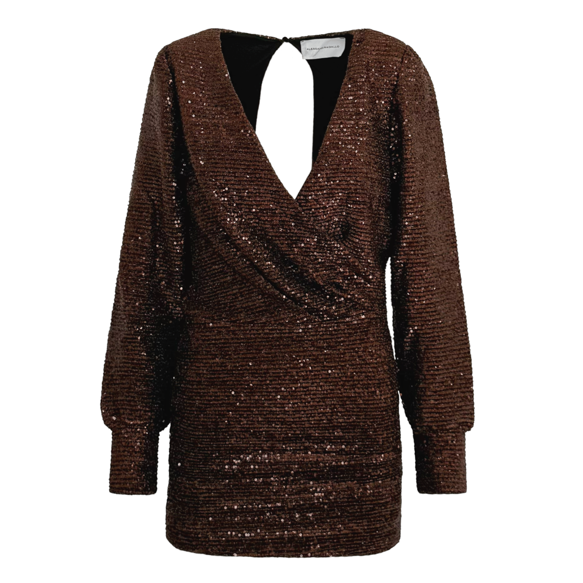Abito corto ZOE di Alessandra Gallo in paillettes marrone con scollo a V, spacco sulla schiena e maniche lunghe - vista frontale - The Light Collection