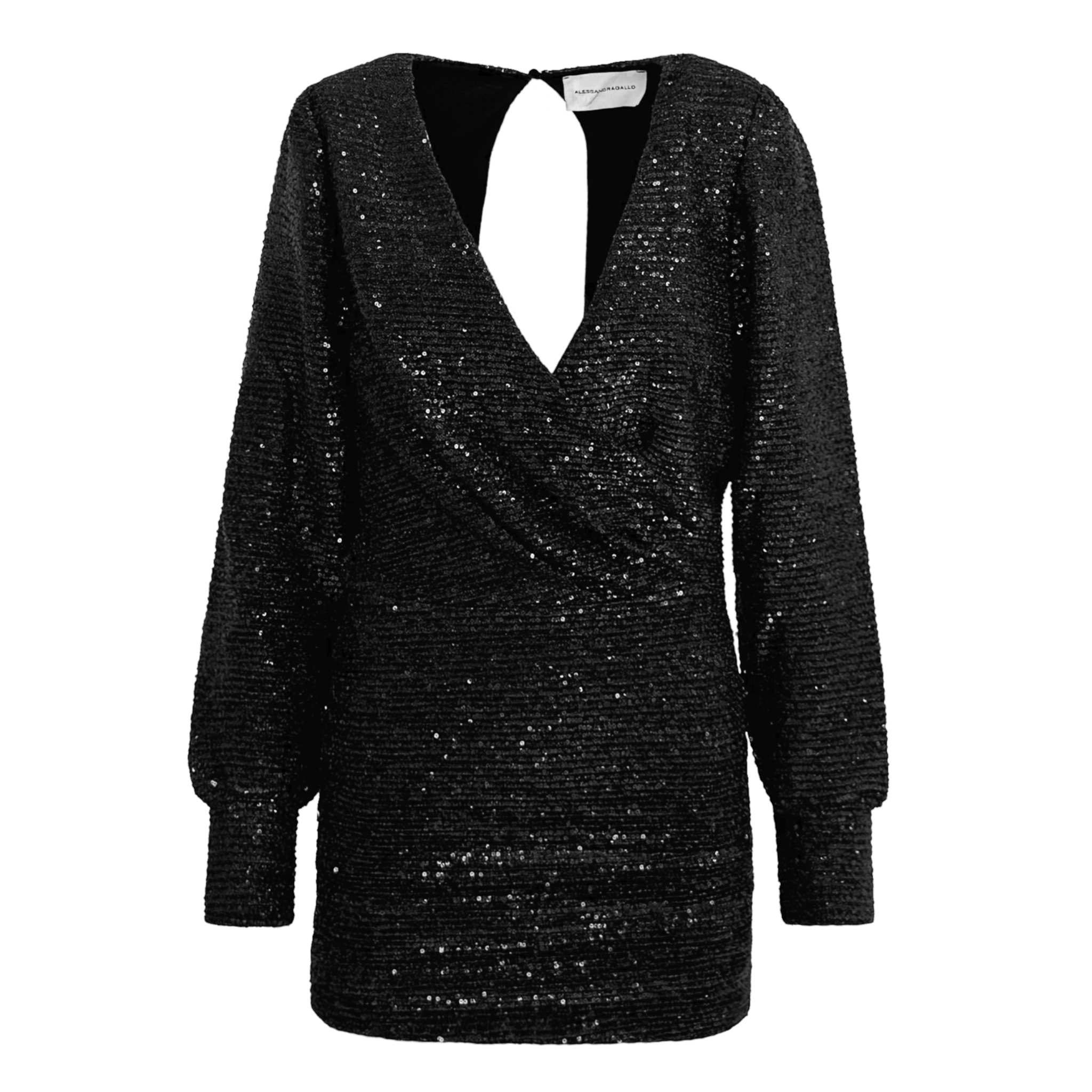 Abito corto ZOE di Alessandra Gallo in paillettes nero con scollatura a V, spacco sulla schiena e maniche lunghe - vista frontale - The Light Collection