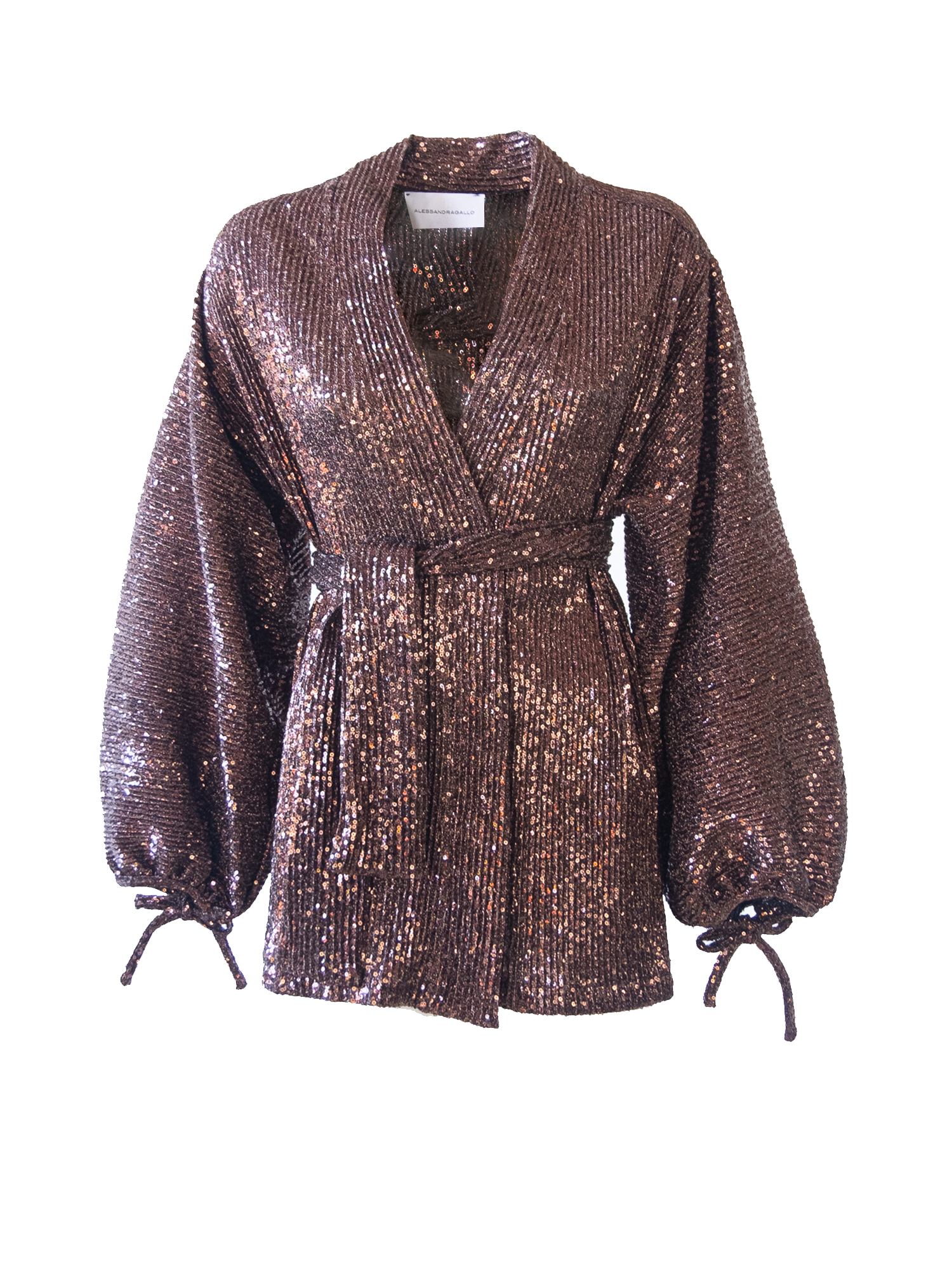 AMELIA - shirt with wide sleeves and sash in brown sequins