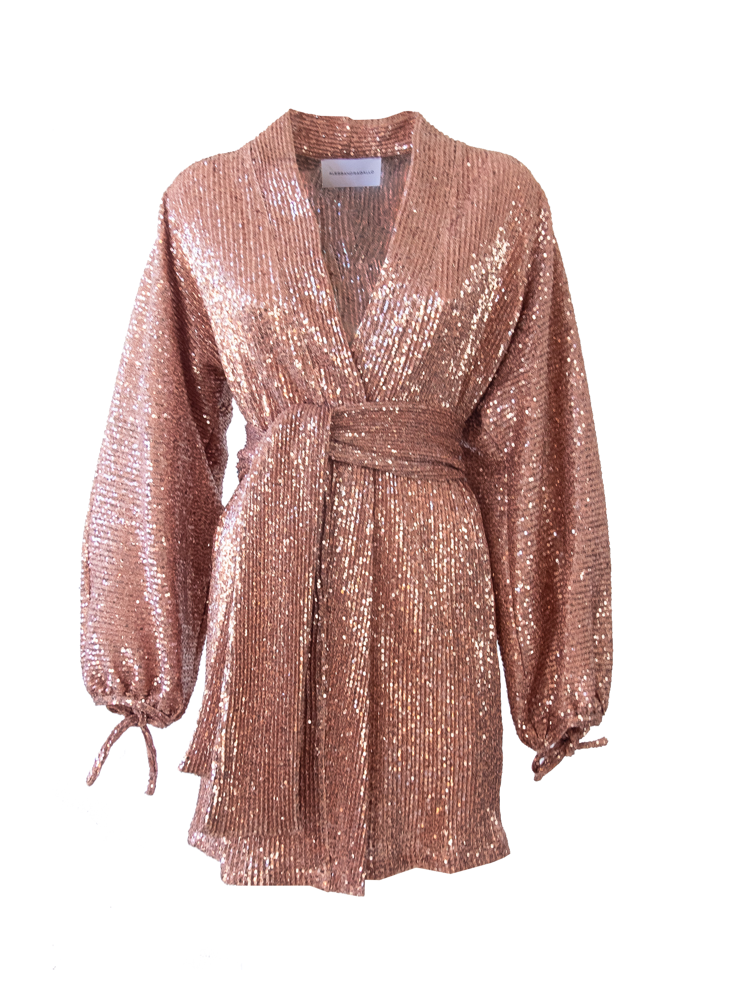 ELVIRA - short dress with wide sleeve and sash in pink sequin
