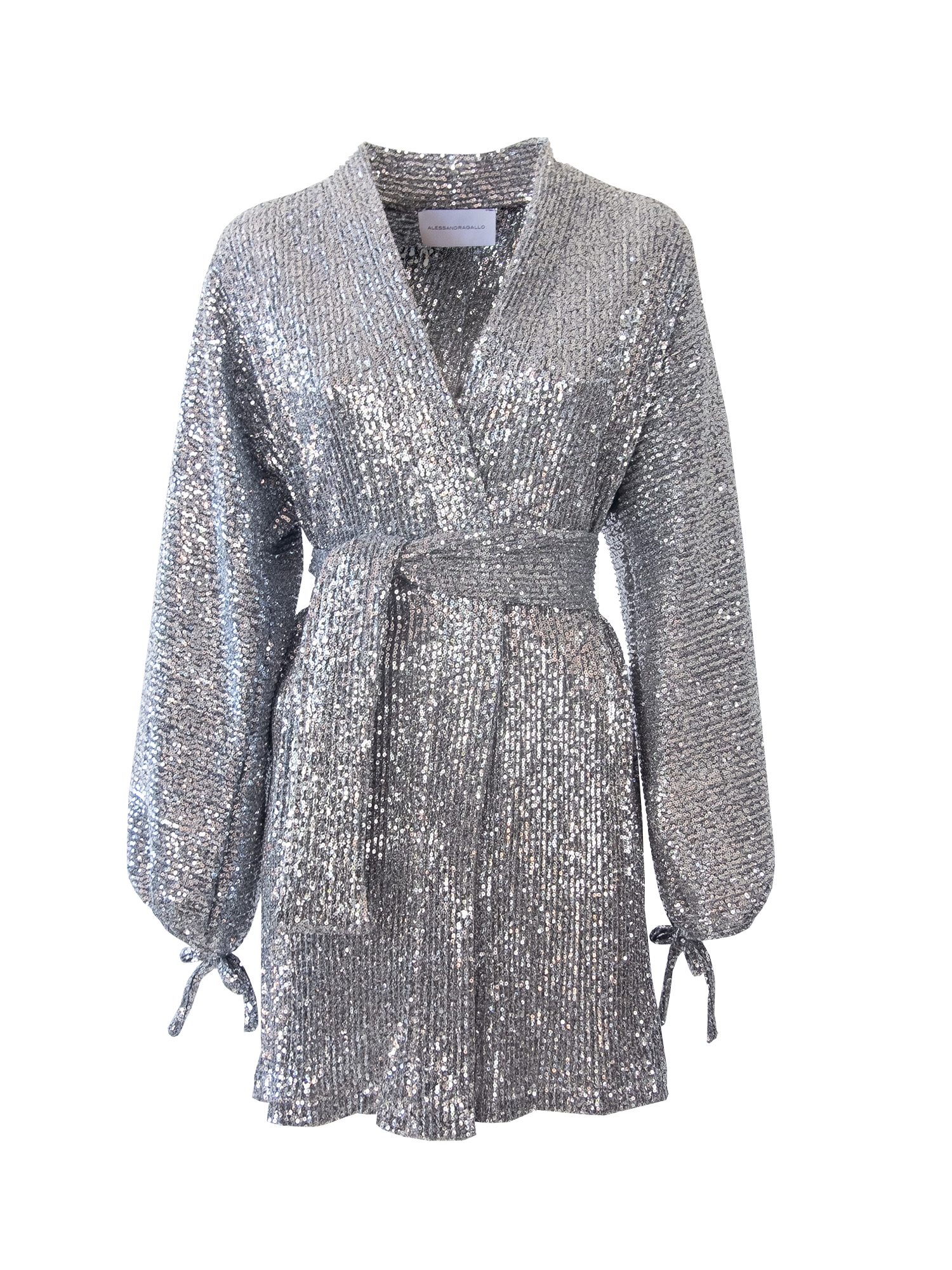 ELVIRA - short dress with wide sleeve and sash in silver sequin lo