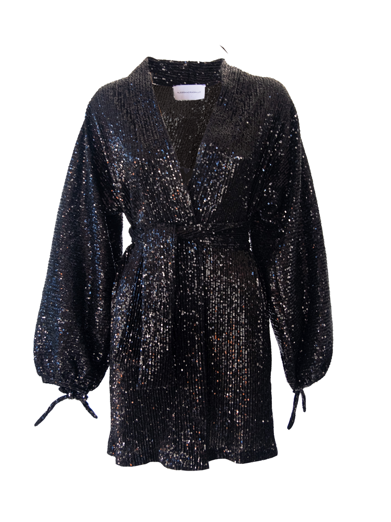 ELVIRA - short dress with wide sleeve and sash in black sequin